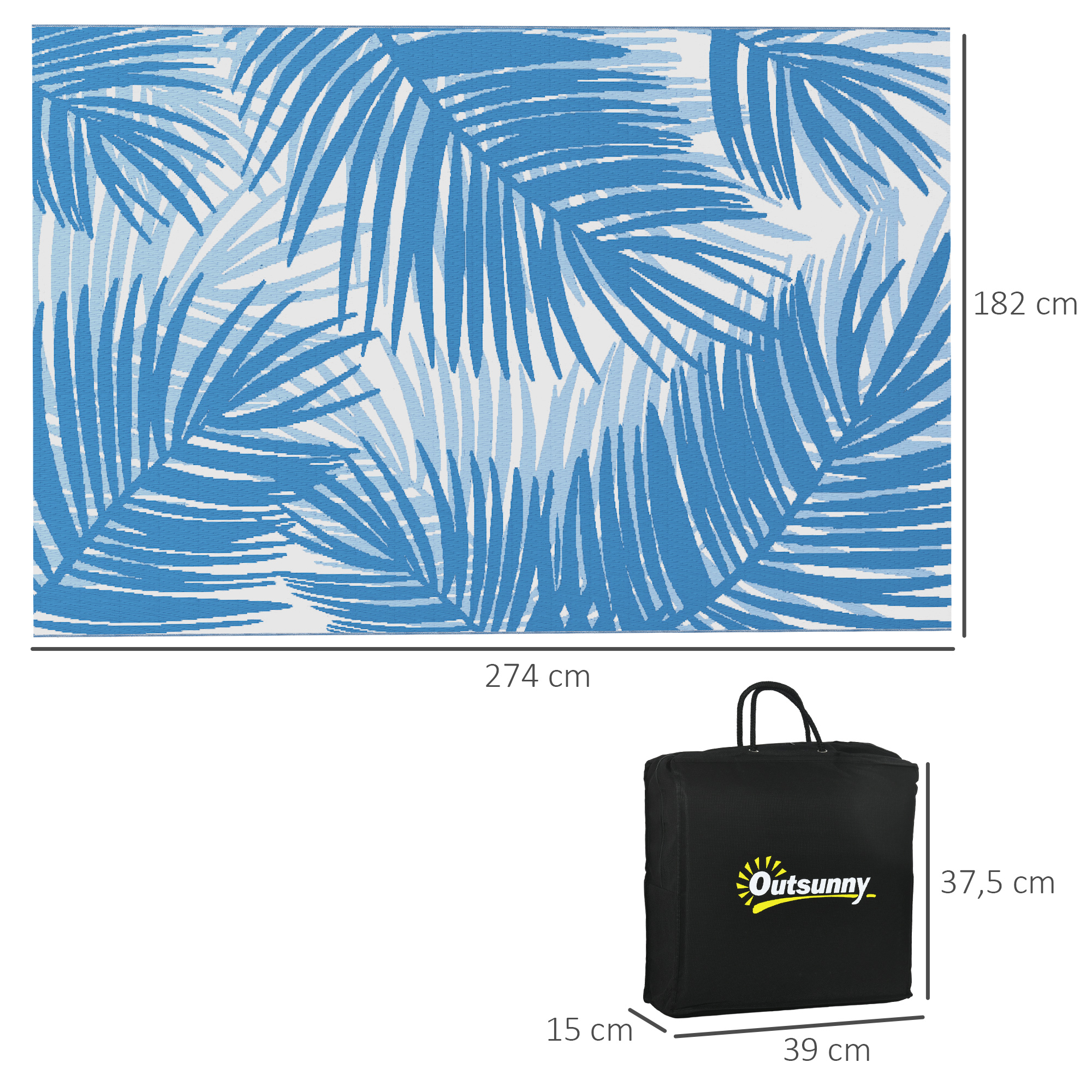 Outdoor Wendeteppich, wasserfest, Blattmuster, 182x274cm, Blau/Creme
