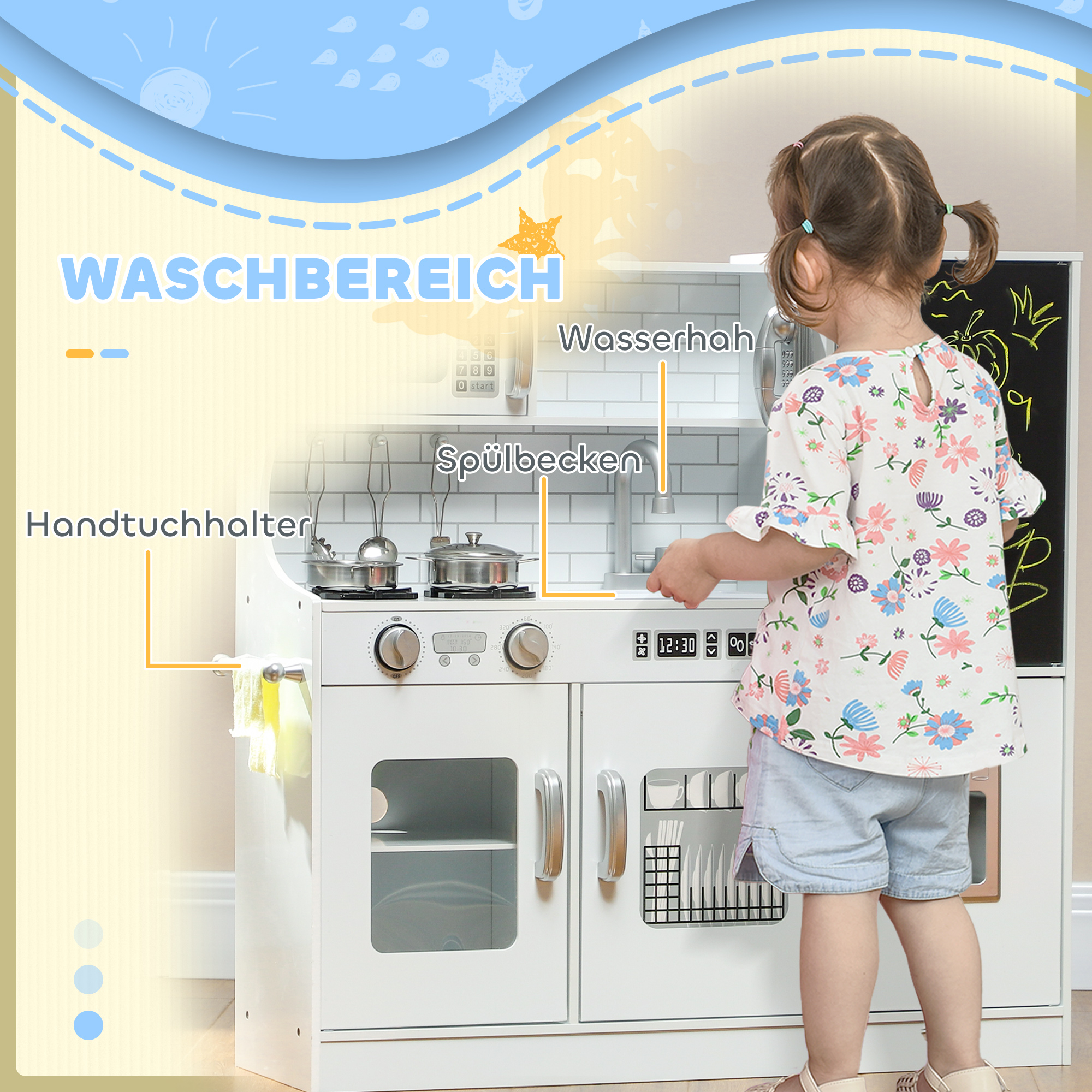 Kinderküche, Spielküche mit Telefon, Kreidetafel, Mikrowelle, Herd, Spüle, Zubehör, Eiswürfelmaschine, 3-8 Jahre, Weiß
