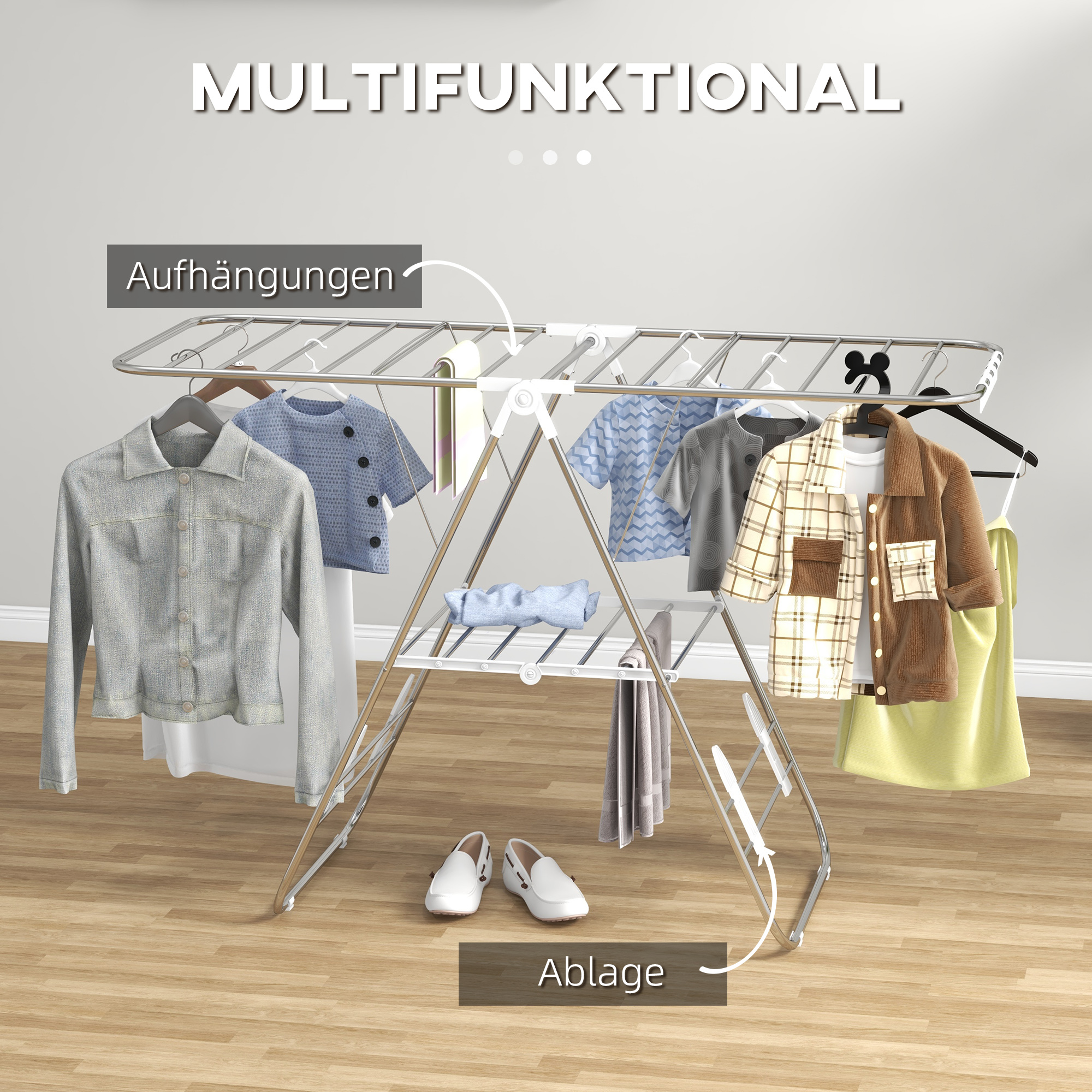 Wäscheständer 1,48 m Trockenlänge tragbar Standtrockner mit Teleskopstangen, Flügelwäscheständer Wäschetrockner für Innen und Außen, Silber+Weiß