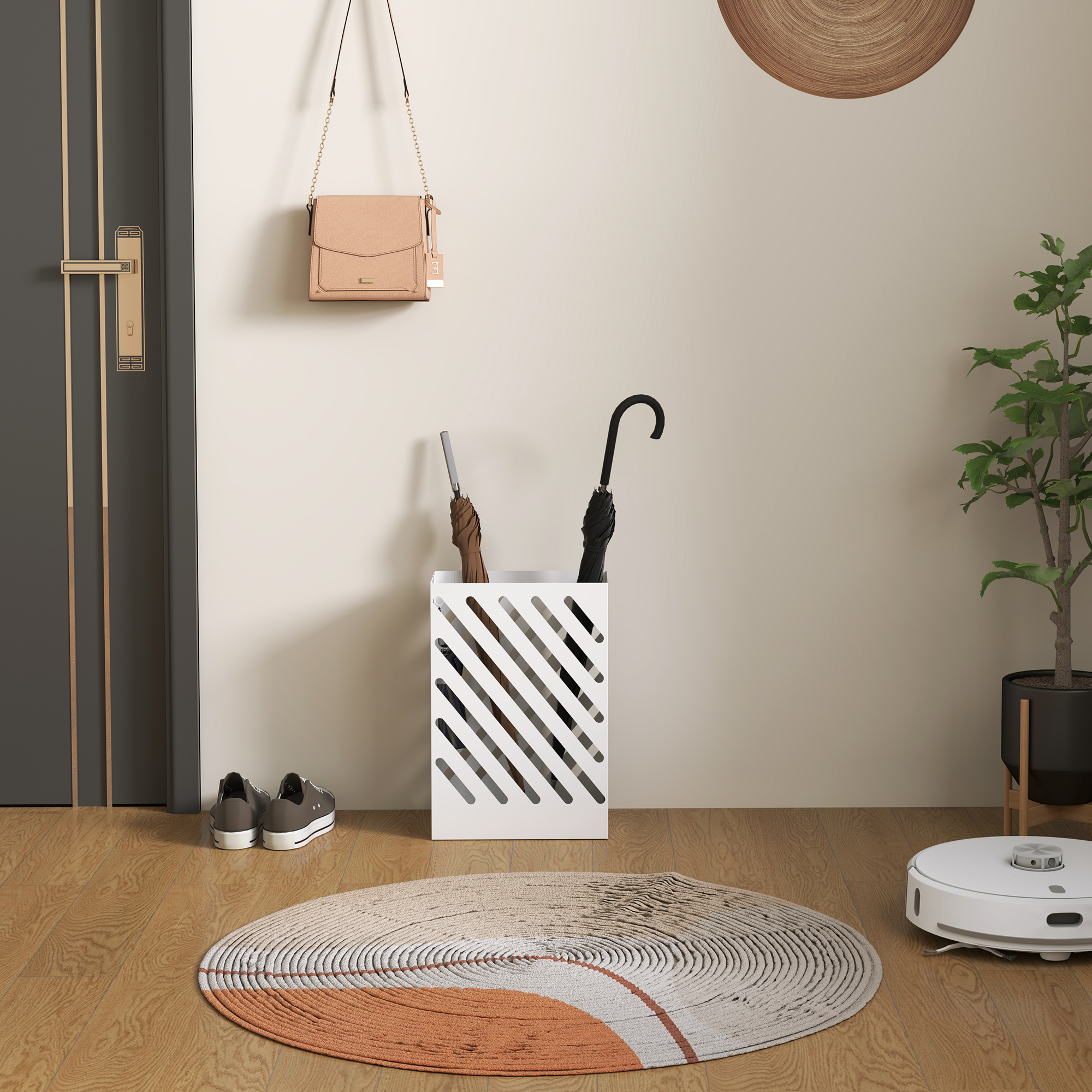 Regenschirmständer mit Tropfschale, 4 Haken, Stahl, 28L x 14B x 41H cm, Weiß