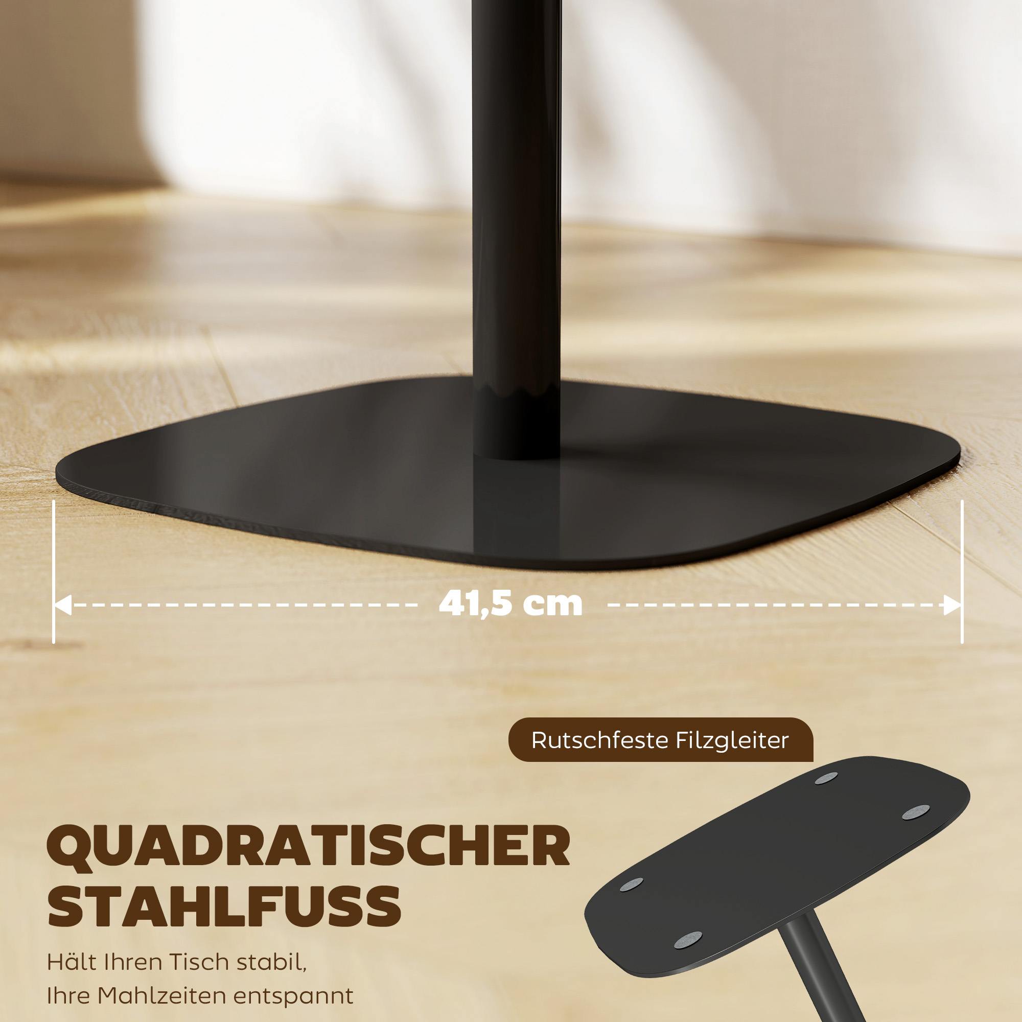 Kleiner Esstisch, 60 cm, quadratisch, MDF-Tischplatte, Stahlsockel, für Wohnzimmer, Esszimmer, Küche, Naturholz+Schwarz