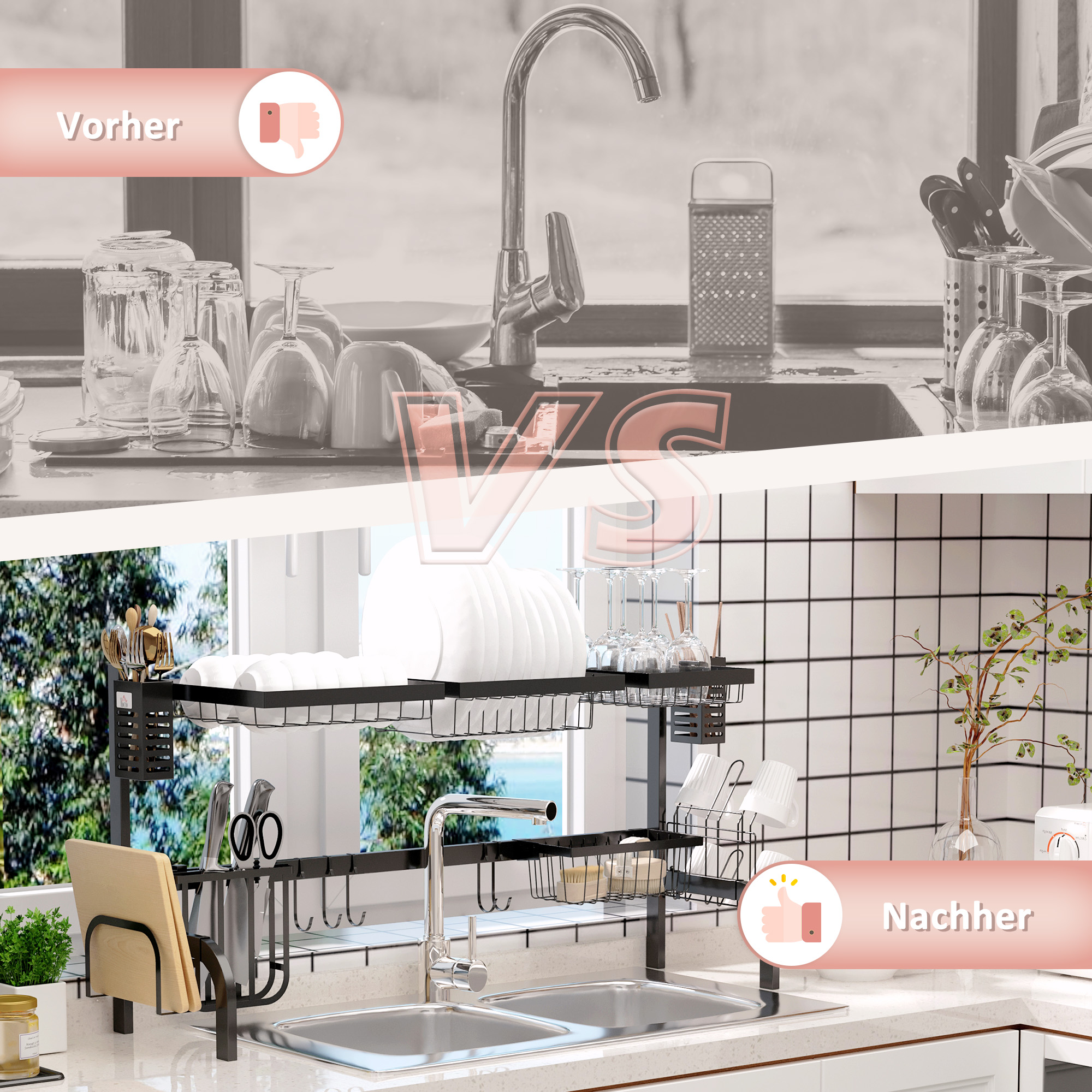 Abtropfgestell Geschirr, 2-stufiges Abtropfständer mit Haken, Tellerregal, Zubehör, 100 cm Stahl, Schwarz