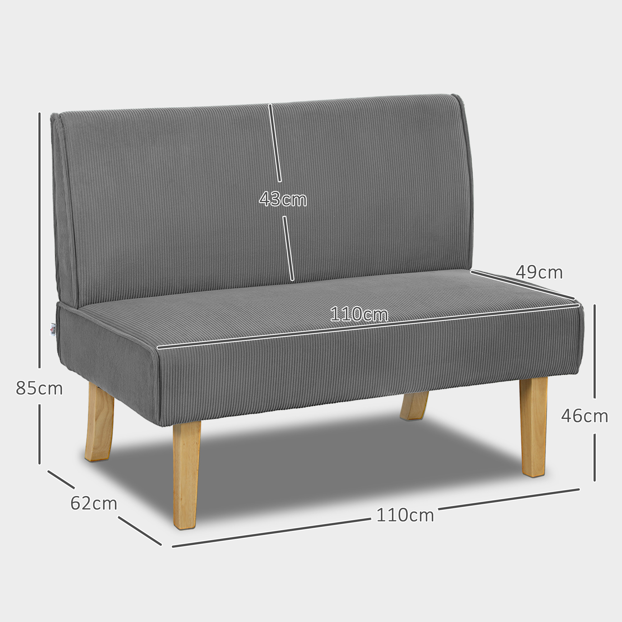 Zweisitzer-Sofa mit Cord-Bezug, dicker Polsterung und soliden Holzbeinen für Wohnzimmer, Schlafzimmer, Büro, Grau