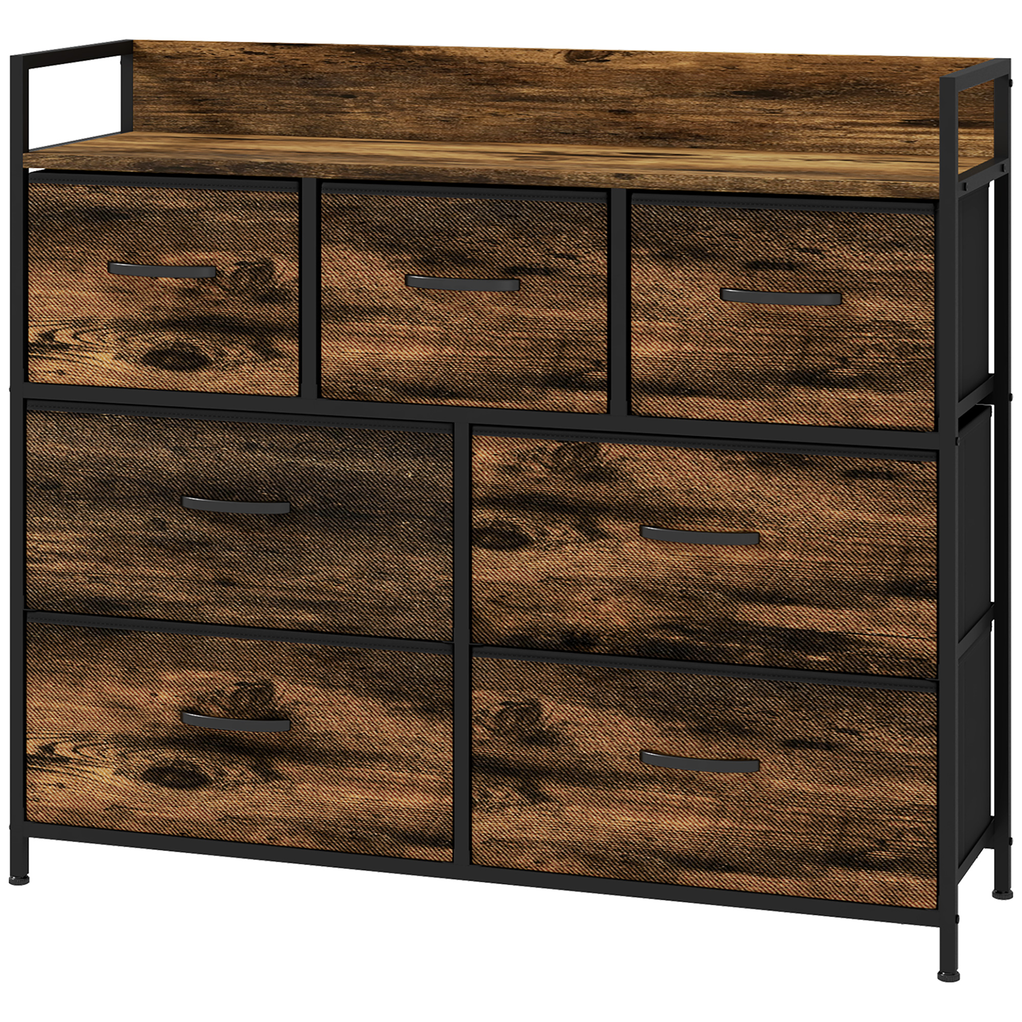 Kommode, Sideboard mit 7 Stoffschubladen, Industrial Design, Stahlrahmen, 98x29x85cm, Braun/Schwarz