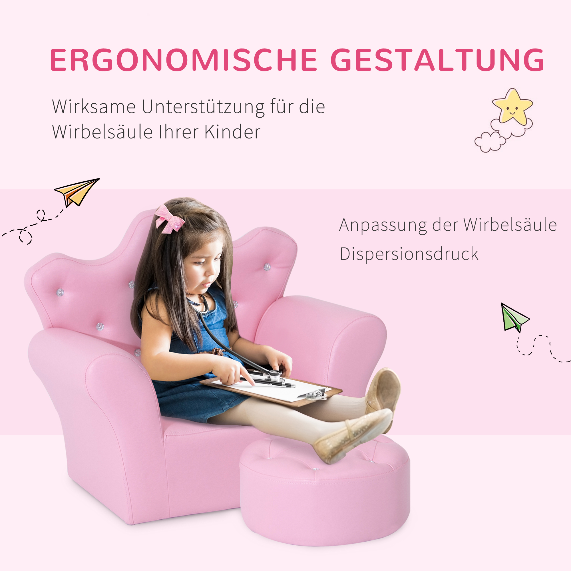 Kindersofa mit Ottomane, Kindercouch Prinzessinnen Kindercouch Mini Couch für Kuschelecke, Kinderzimmer, Spielzimmer, Schlafzimmer, Rosa
