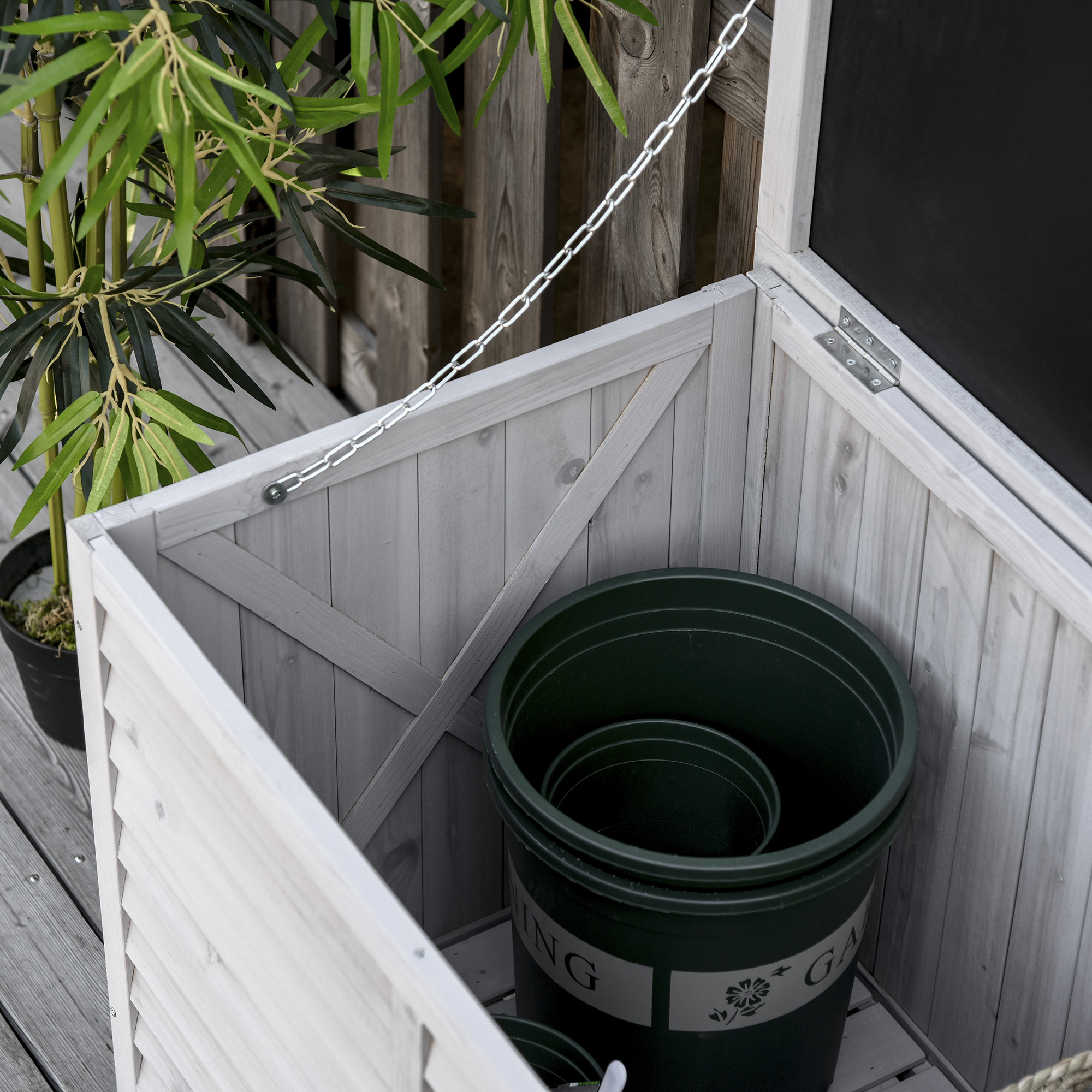 Gartenbox, wetterbeständig, luftdurchlässig, Kissenbox, Aufbewahrungsbox, Fichtenholz, grau, 127 x 56 x 60 cm