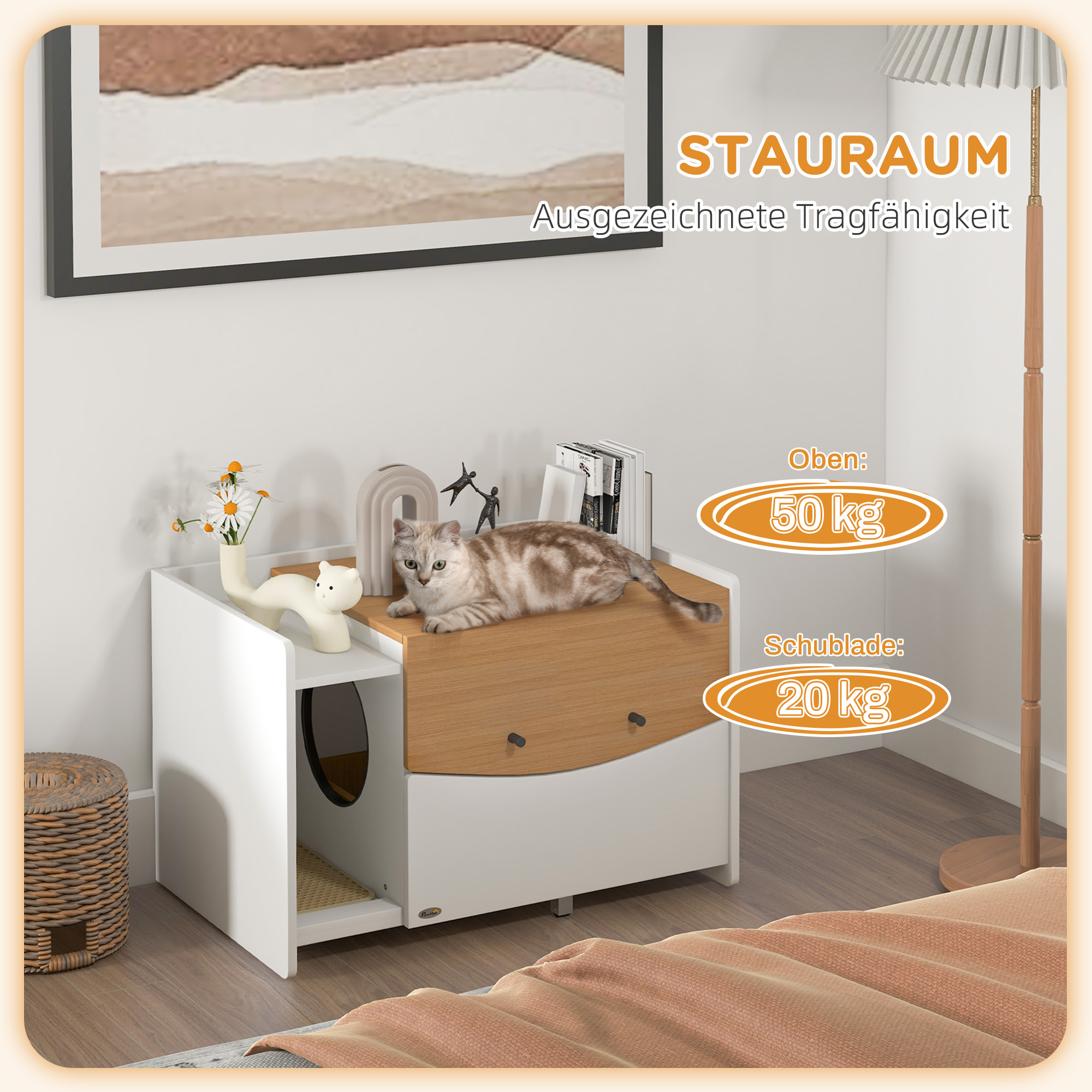 Katzentoilette, ausziehbar, Schrankdesign, Streufach, 78x50x51cm, Eiche/Weiß