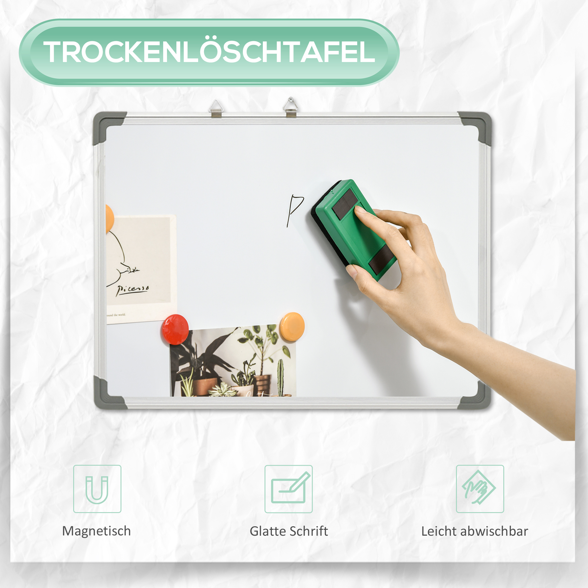 Whiteboard Magnettafel, leicht abwischbar, mit 4 Markern, 10 Magneten, 1 Radierer, 60 x 1,8 x 45cm