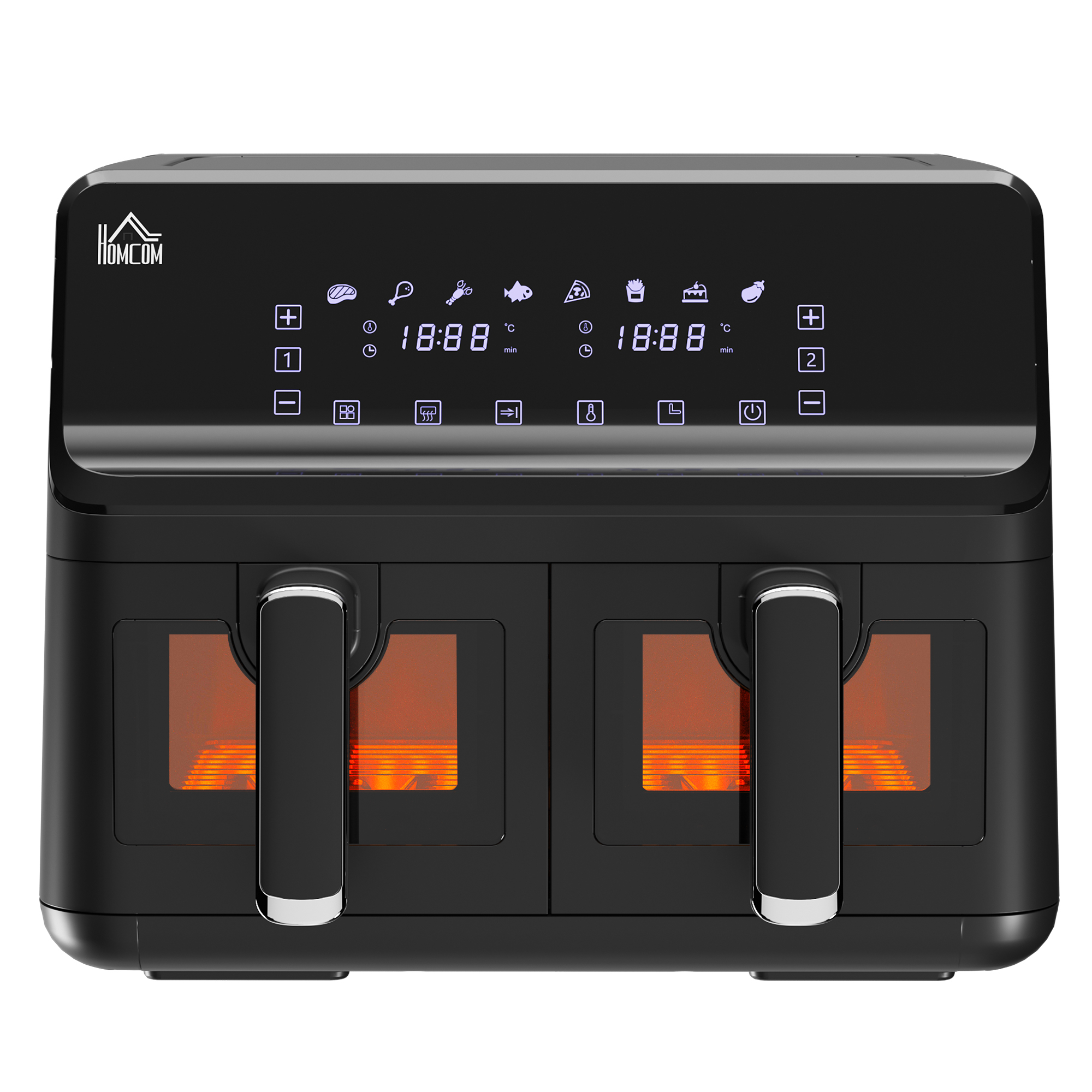 Heißluftfritteuse, 2 Frittierkörbe á 4 Liter, 8 Programme, Licht, Timer, 38,5 x 38 x 30,5 cm, Schwarz