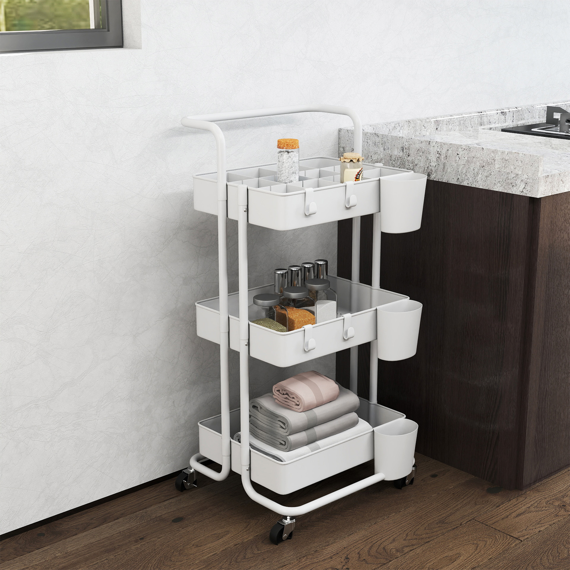 Rollwagen, Servierwagen, 3 Ablagekörbe, 3 Hängeboxen, 4 Haken, Metallrahmen, 42 x 38 x 86,5cm, Weiß