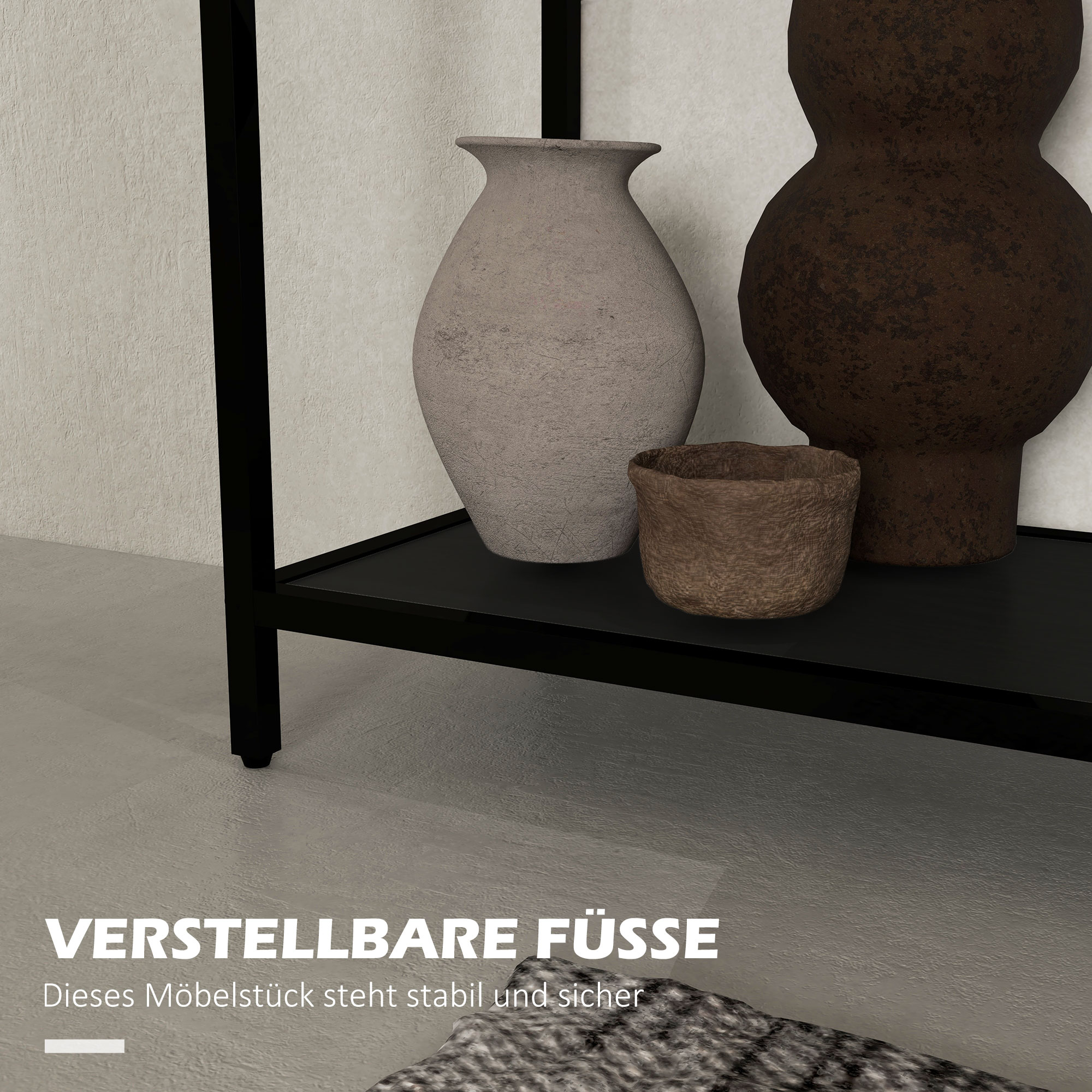 Konsolentisch mit 2 Regalen, Flurtisch, Flurkonsole, Schwarz