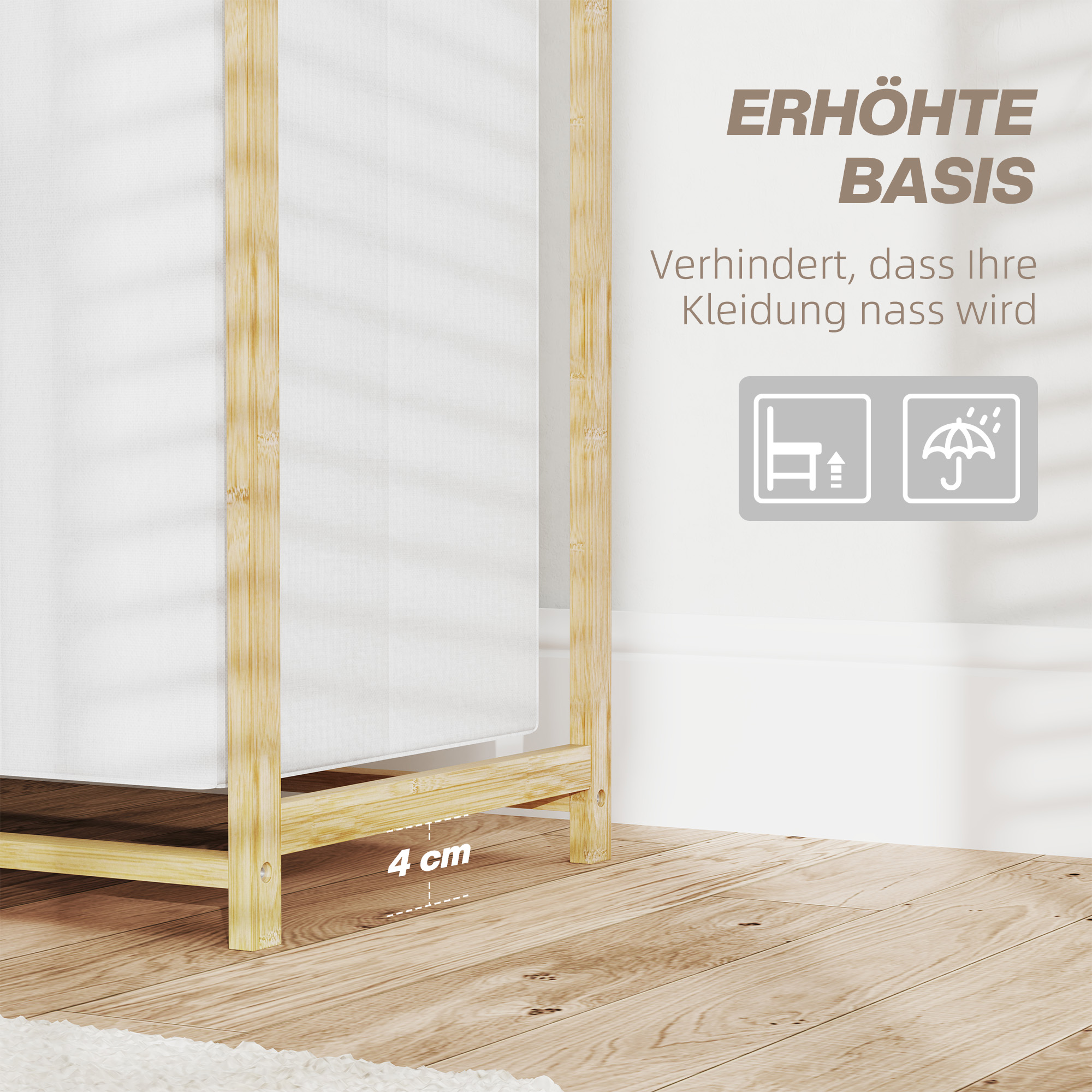 Wäschekorb mit Wäschesack, Stoffschublade, Bambus, 70x36x70 cm, Weiß/Holz