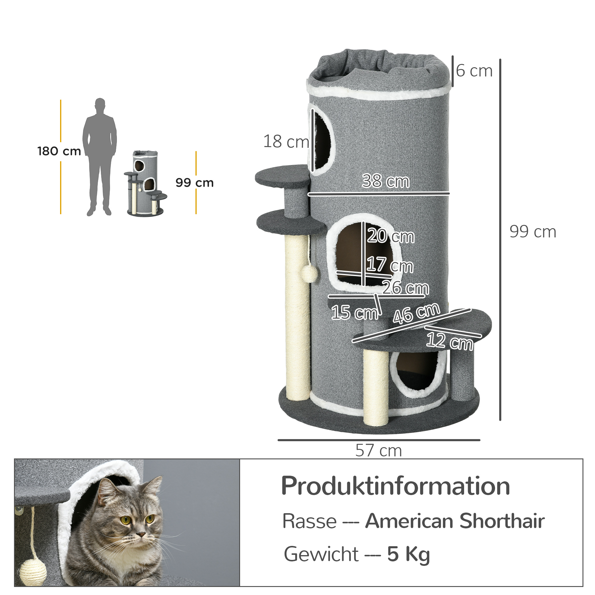 Kratzbaum Kratztonne, 2 Katzenhöhlen, 4 Liegeflächen, 4 Kratzpfosten, 57 cm x 57 cm x 99 cm, Grau + Weiß