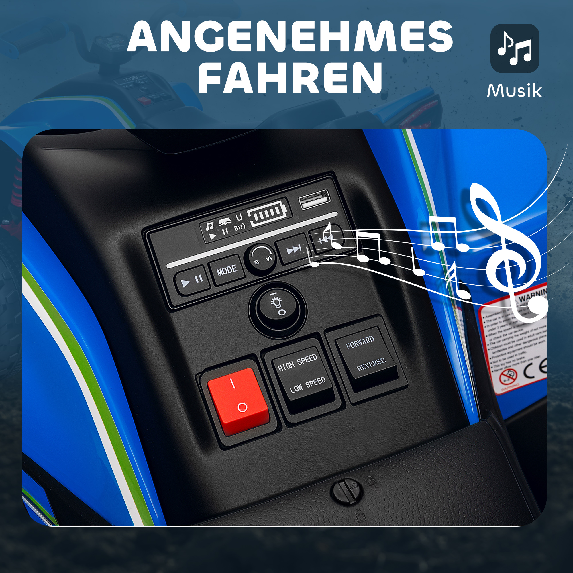 Elektroquad für Kinder, 3-6 km/h, LED-Scheinwerfer, Musik, USB, für 3-8 Jahre, Blau