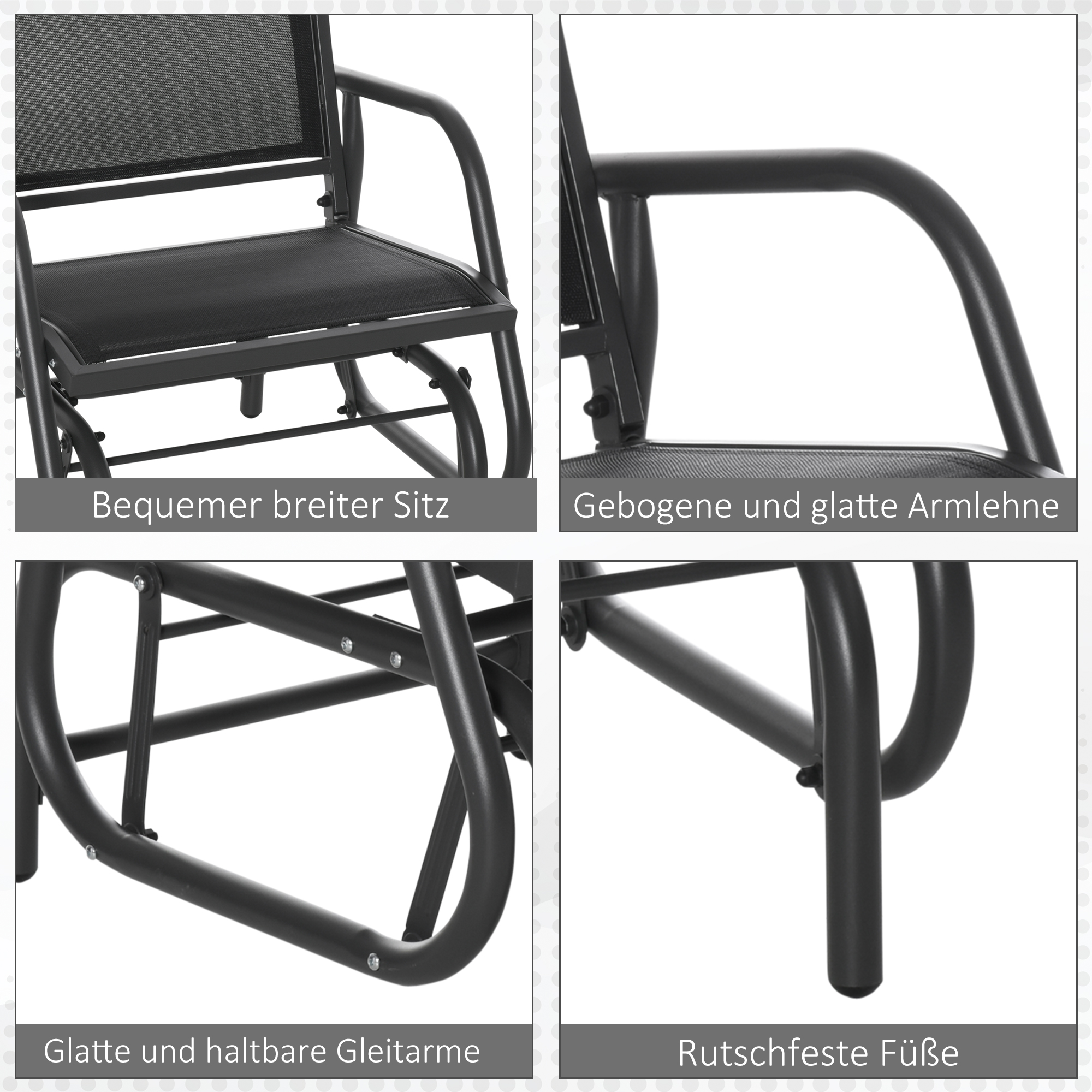Schaukelstuhl Gartenstuhl aus Metall Schaukelsessel mit Armlehne Rückenlehne Gartenschaukel bis 120 kg belastbar Outdoor Relaxstuhl für Balkon Garten Terrassen Schwarz