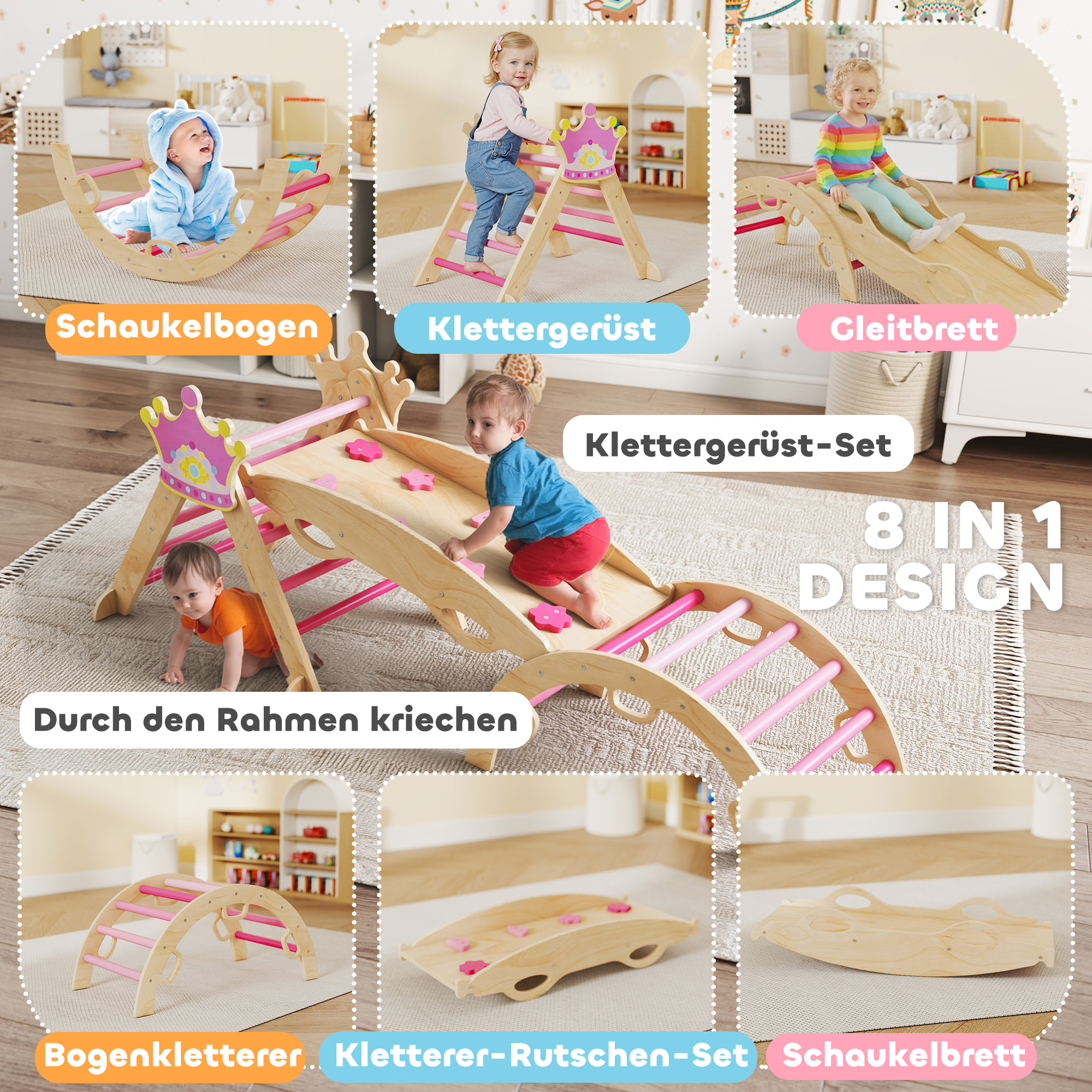8-in-1 Indoor-Klettergerüst für Kinder, Prinzessinnen-Design, Rutsche, Rampe, Bogen, Holz