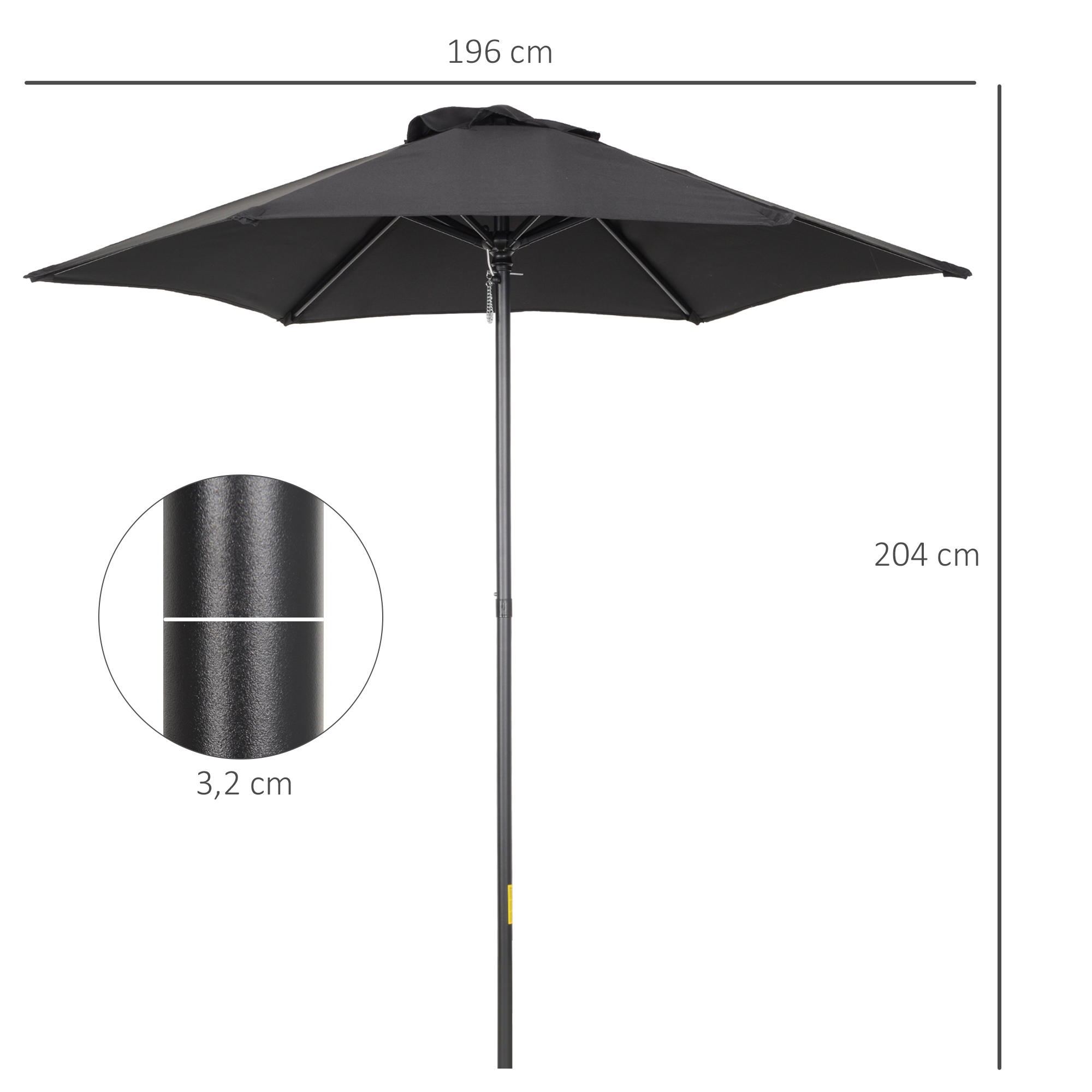 Sonnenschirm Ø196 cm, sechseckig Balkonschirm für Strand Balkon Garten, Schwarz