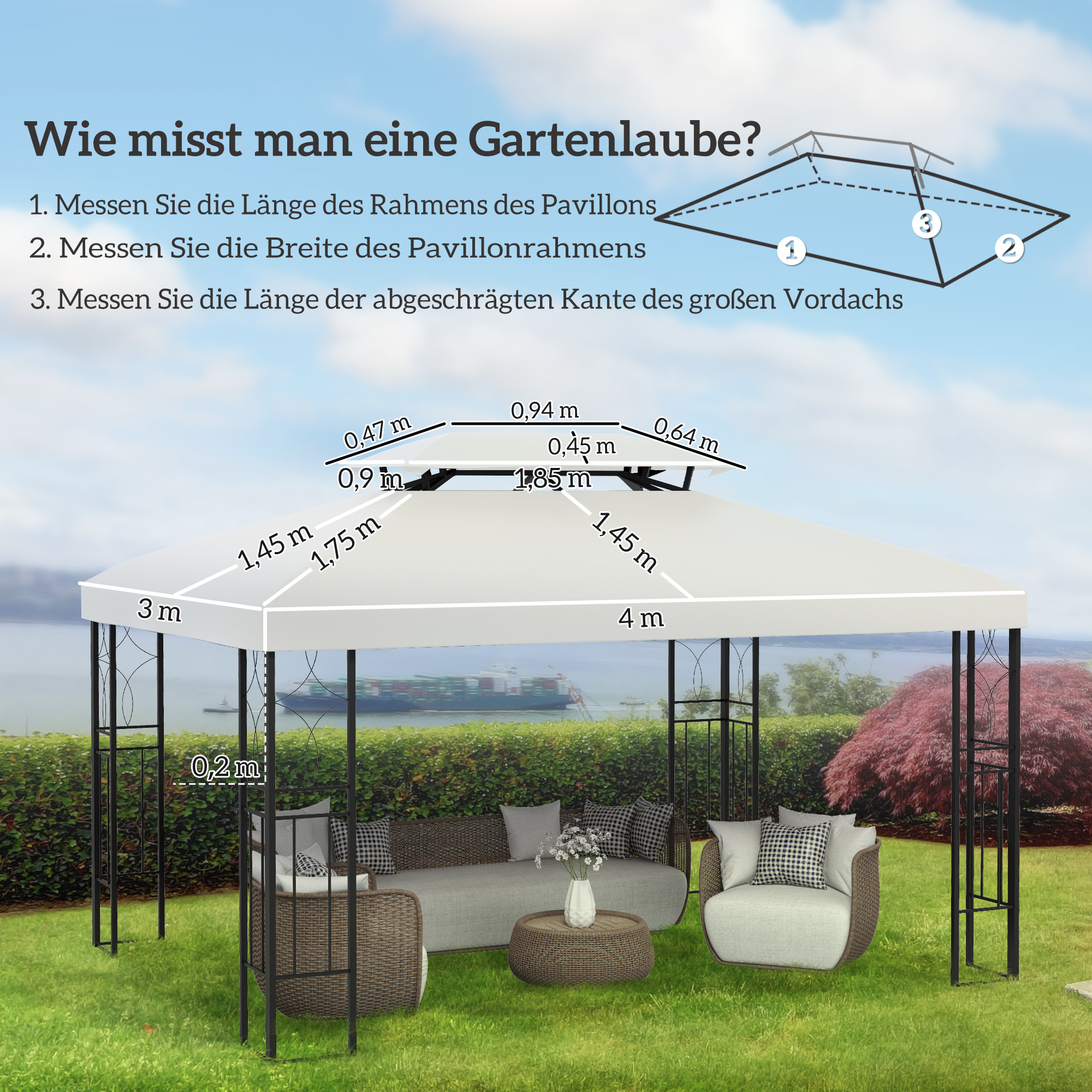 Ersatzdach für Metallpavillon 3x4m wasserabweisend Pavillondach mit Doppeldach, Ersatzbezug für Gartenpavillon Partyzelt Gartenzelt Polyester Cremeweiß