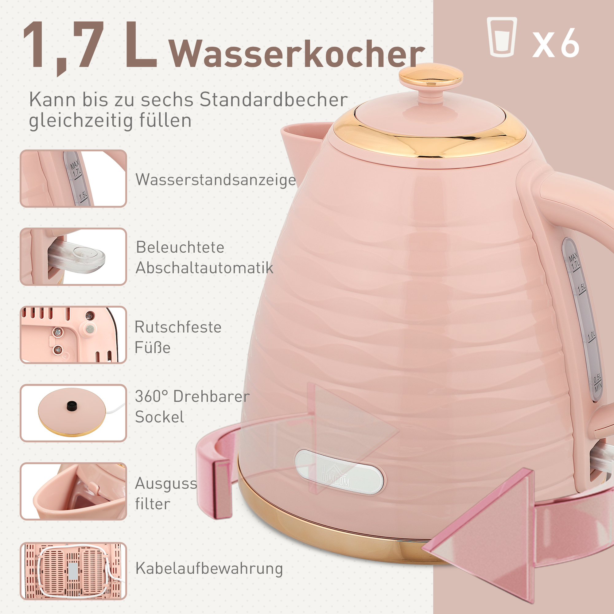 2-in-1 Toaster- und Wasserkocher-Set, 7 Bräunungsstufen, Auftau- und Aufwärmfunktion, Rosa