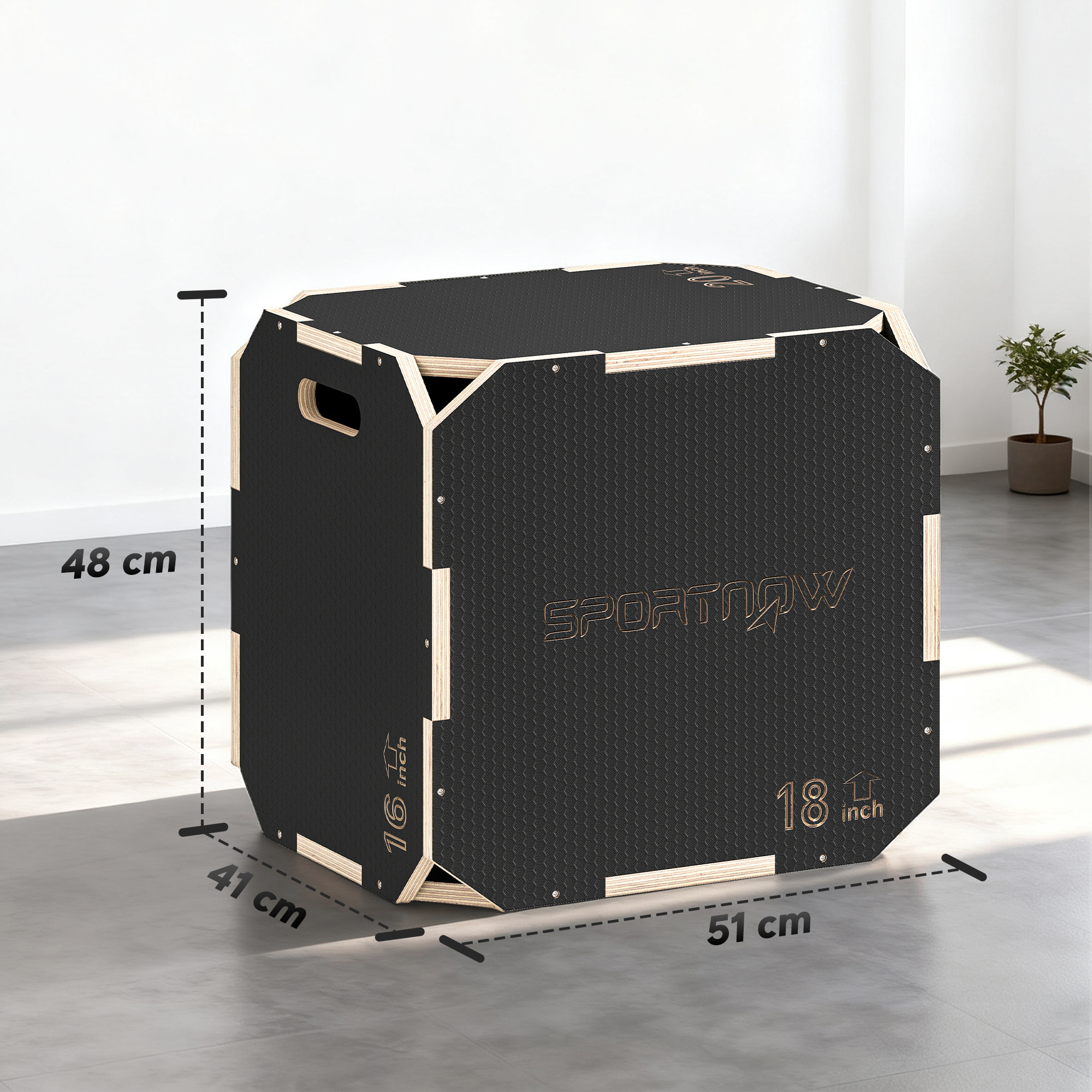 Sprungbox, kantenfreie Ecken, Sperrholz, höhenverstellbar, Seitengriffe, Schwarz