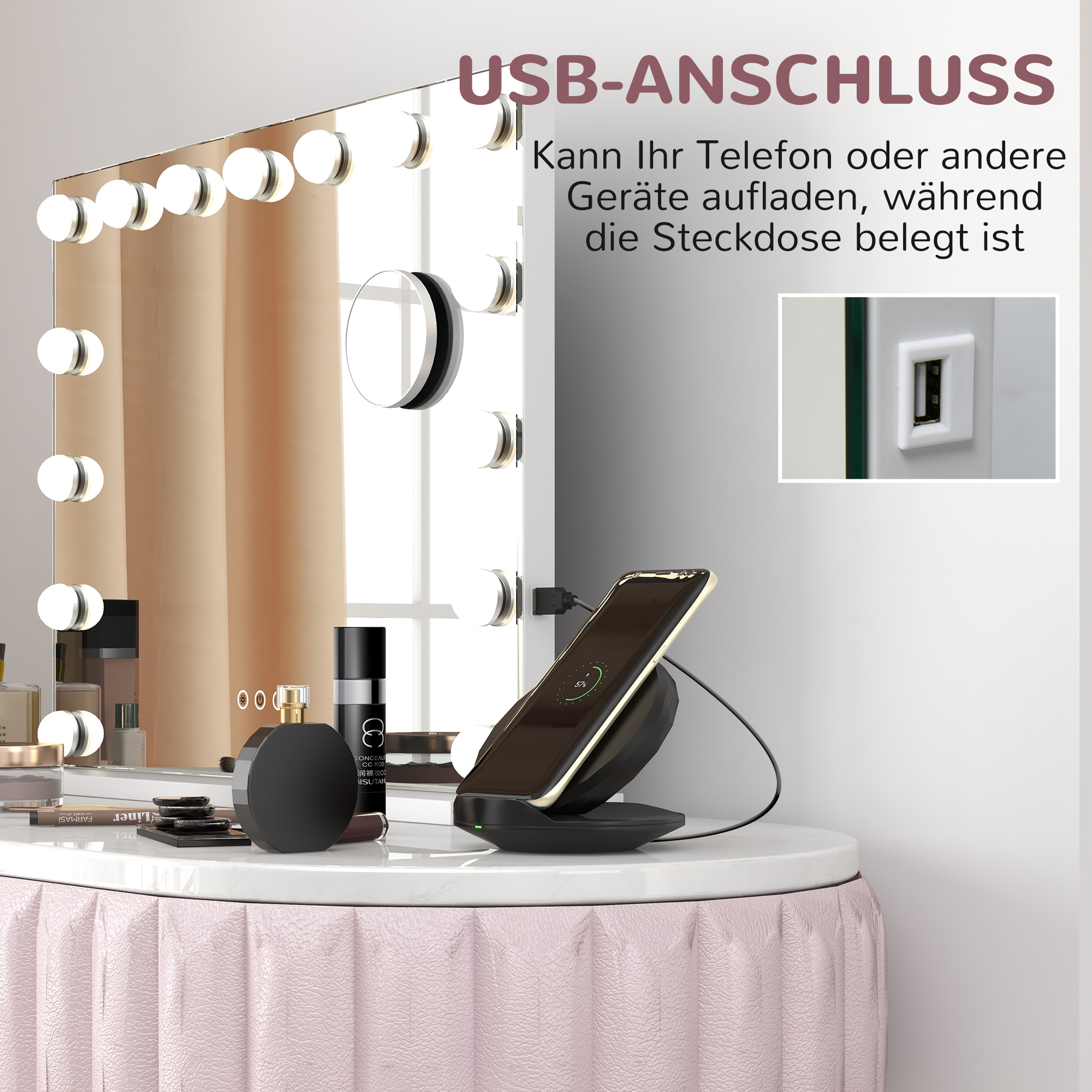 LED-Kosmetikspiegel, 3 Lichtmodi, dimmbar, Touch-Steuerung, USB, 58x48cm, Weiß