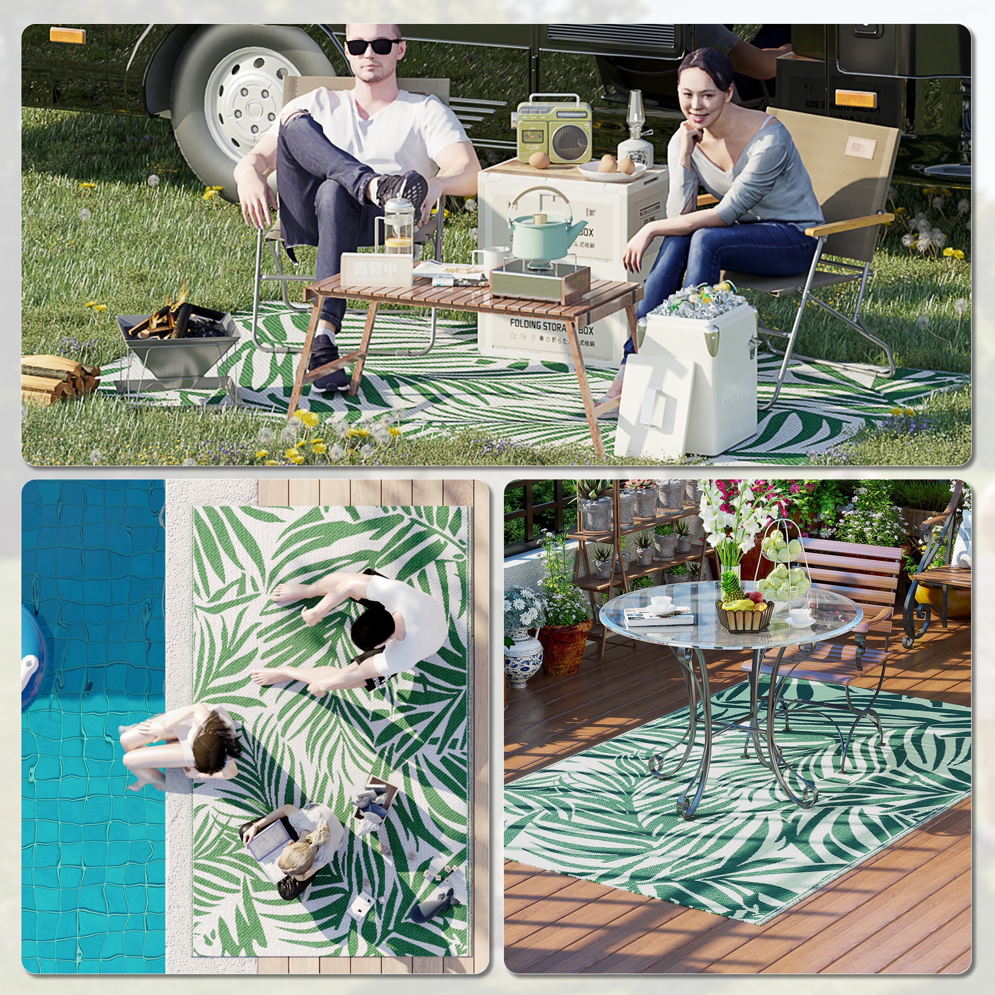 Outdoor Teppich, wendbar, wetterfest, Outdoorteppich Carpet mit Blätter-Muster, 152 x 243 cm Dunkelgrün