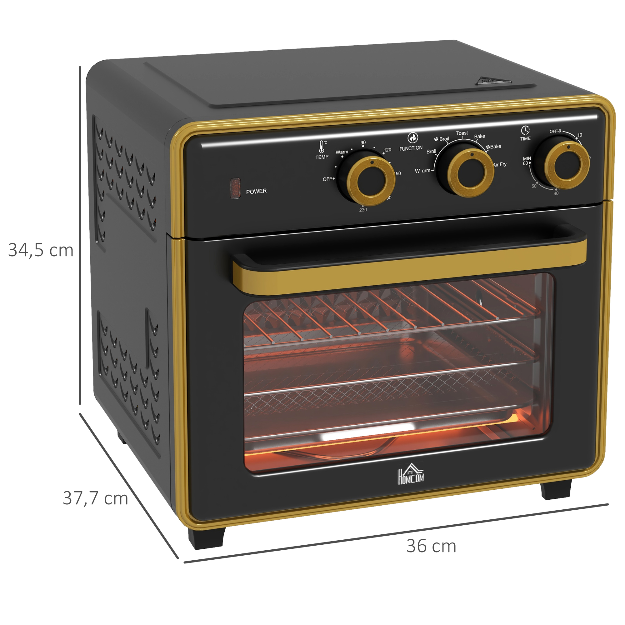 Mini-Backofen, 20 Liter, ölfreies Frittieren, Grillen, Backen, Umluft, 90-230° C, Timer, 1400W, schwarz+gold