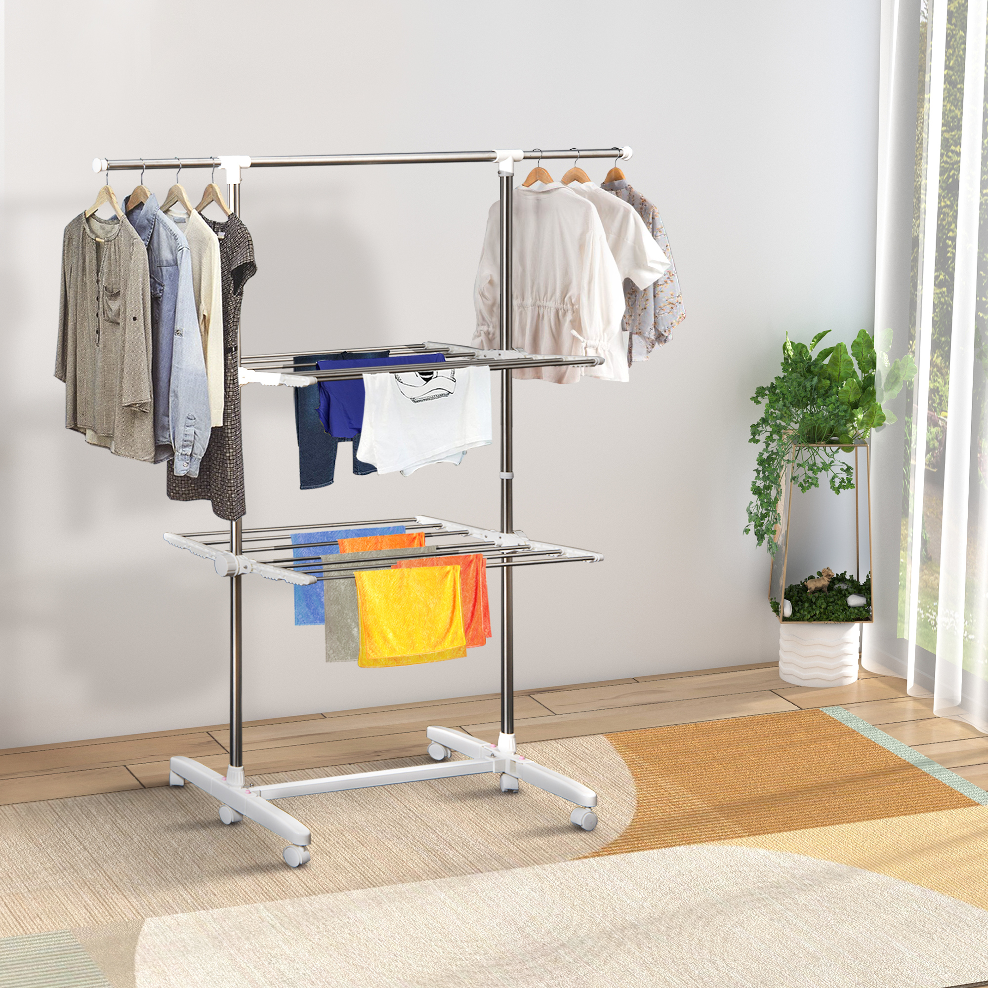 Turmwäscheständer ausziehbar Standtrockner mit 3 Ebenen, klappbare Flügel, Rollen, Wäschetrockner für Innen und Außen, Weiß, 83-136,5 x 45,5 x 154 cm