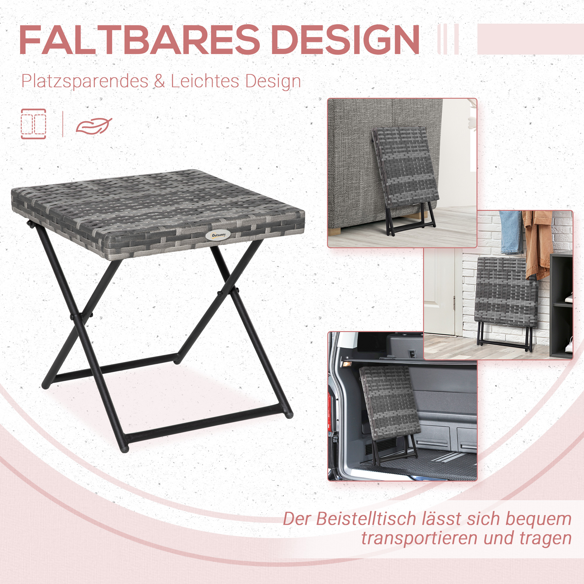 Beistelltisch aus Polyrattan klappbar Kaffeetisch Couchtisch Tablett Balkontisch Gartentisch Sofatisch Teetisch Gartenmöbel Rattantisch für Garten Terrasse Balkon, 40x40x40cm Graul