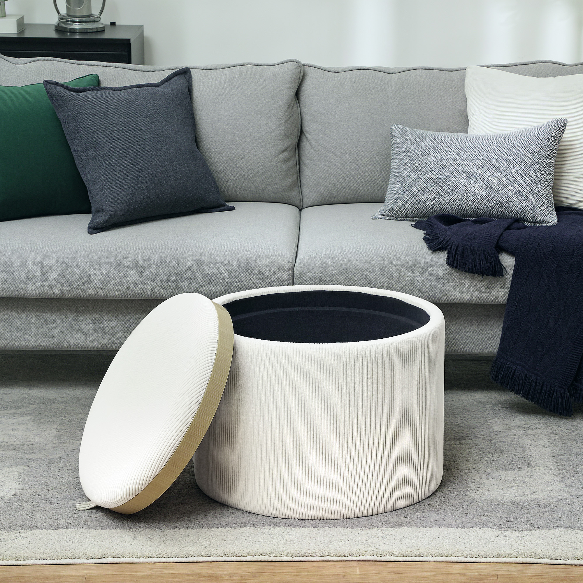 Aufbewahrungshocker mit Stauraum, rund, Fußstütze, Cordstoff, MDf, Cremeweiß