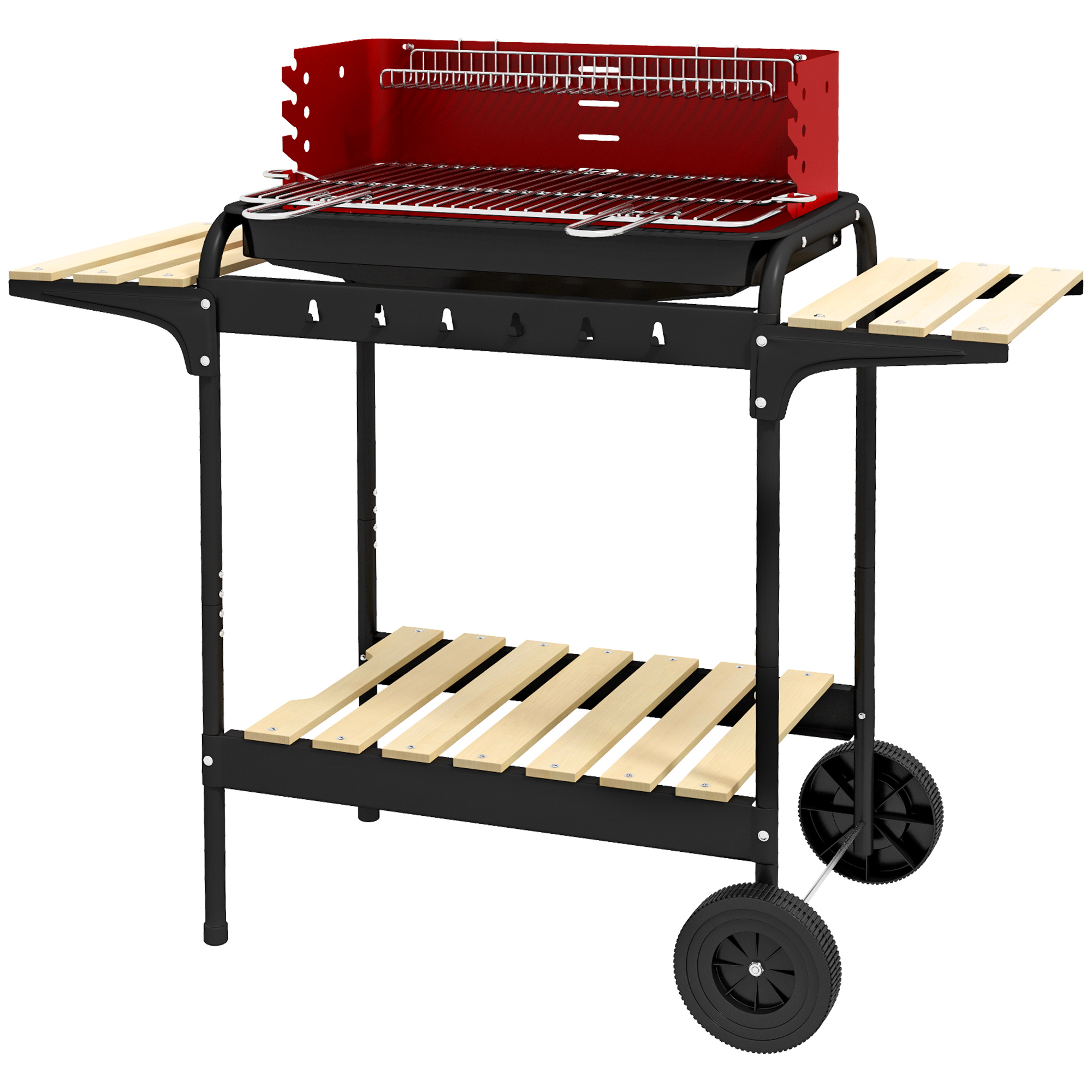 Holzkohlegrill aus Metall BBQ Smoker mit Räder, höheverstellbar Grillrost, Holzablage 103x47x95 cm Rot