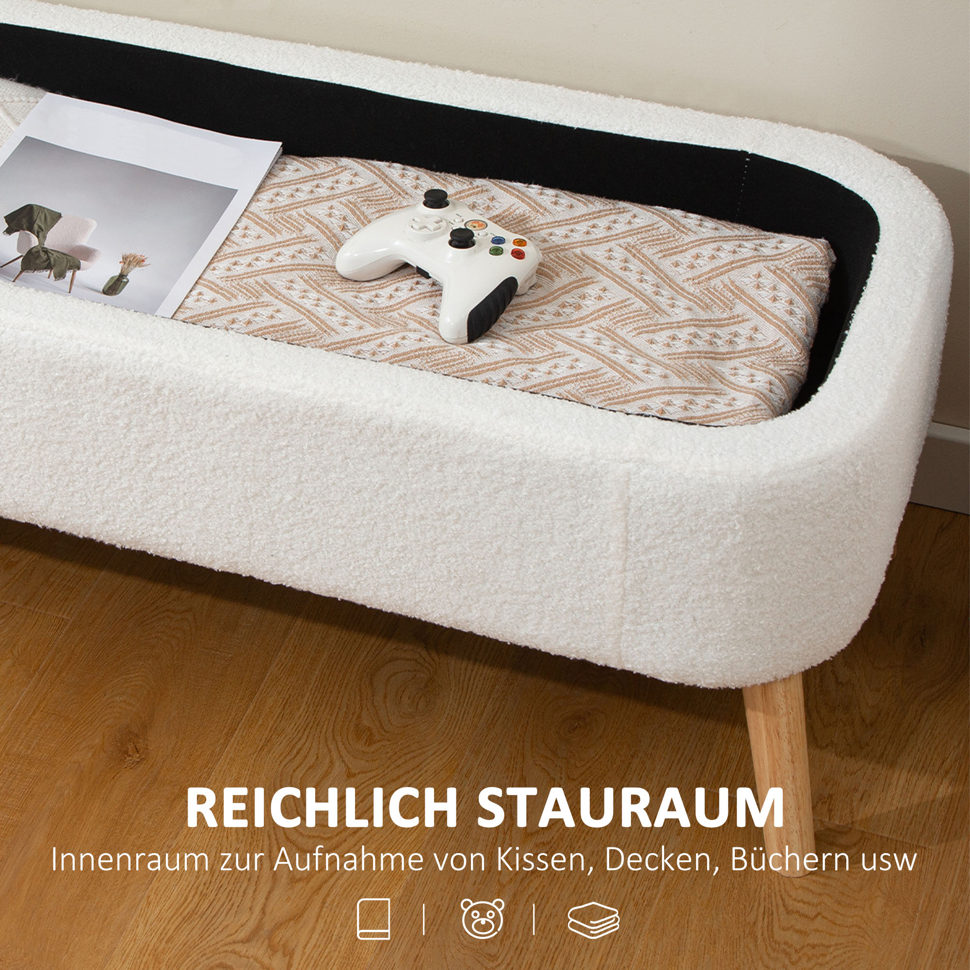 Aufbewahrungshocker, Sitzhocker mit 65 L Stauraum, Fußhocker, Fleece-Stoff, Kautschukholz, Schaumstoff, 120 x 42 x 45 cm, Cremeweiß