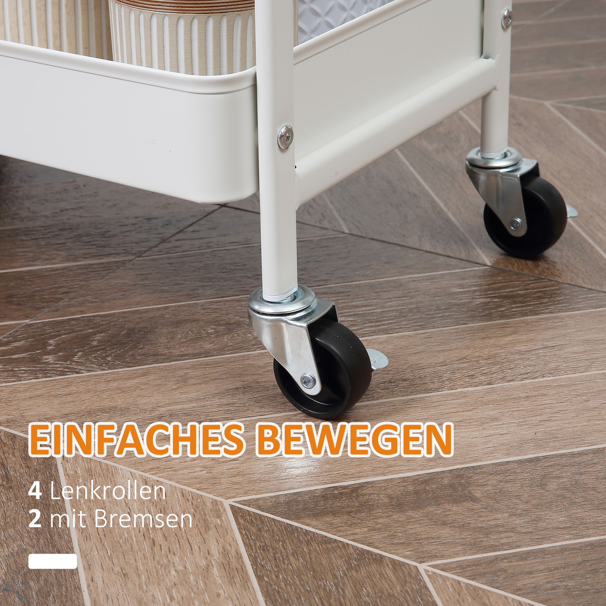 Rollbarer Küchenwagen, 2 Regale, Schublade, Ablage, 4 Rollen, Griffe, Stahl, Weiß