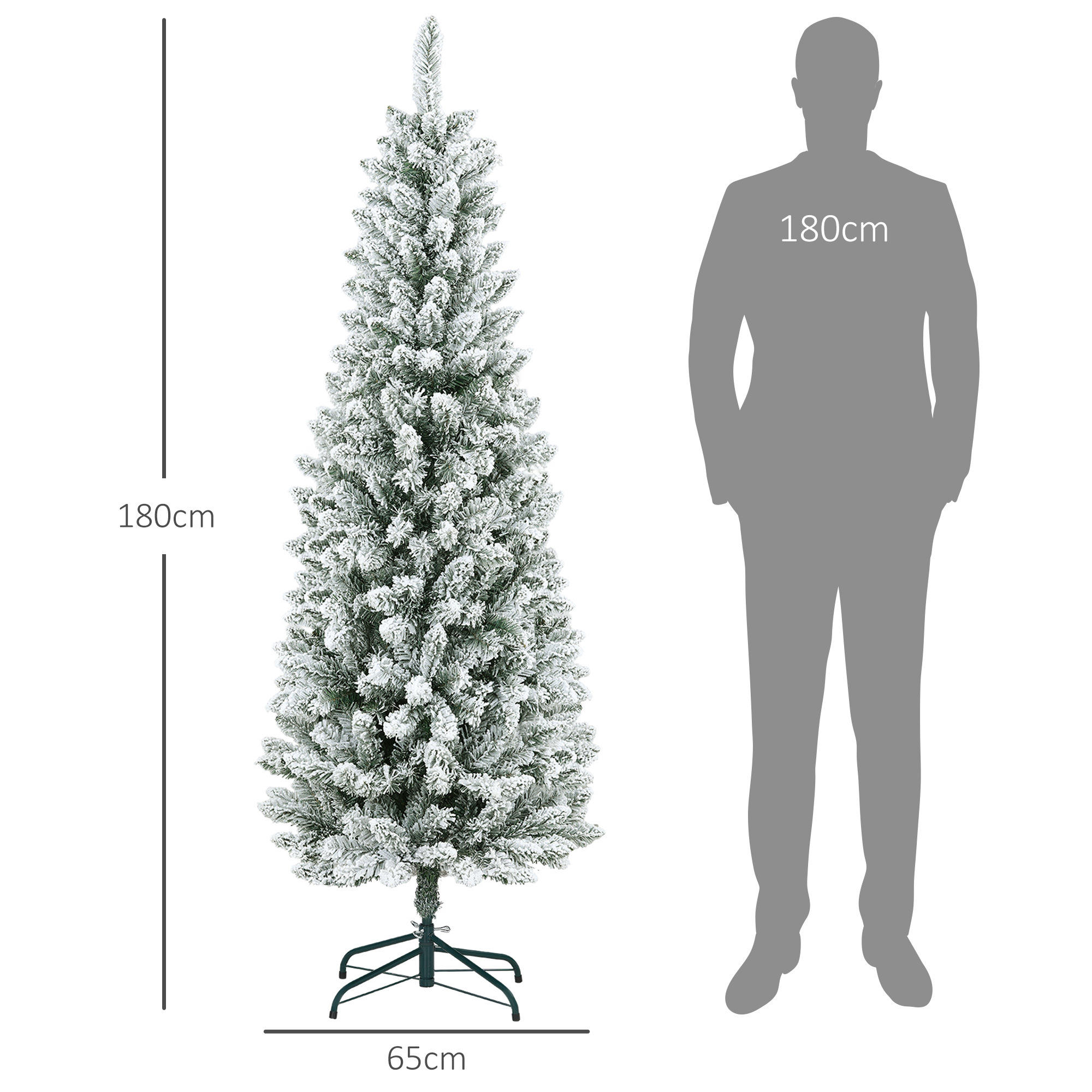 Weihnachtsbaum, schlanke Form, Kunstschnee, dreiteilig, flammhemmend, Metallfuß, 183 cm, Grün