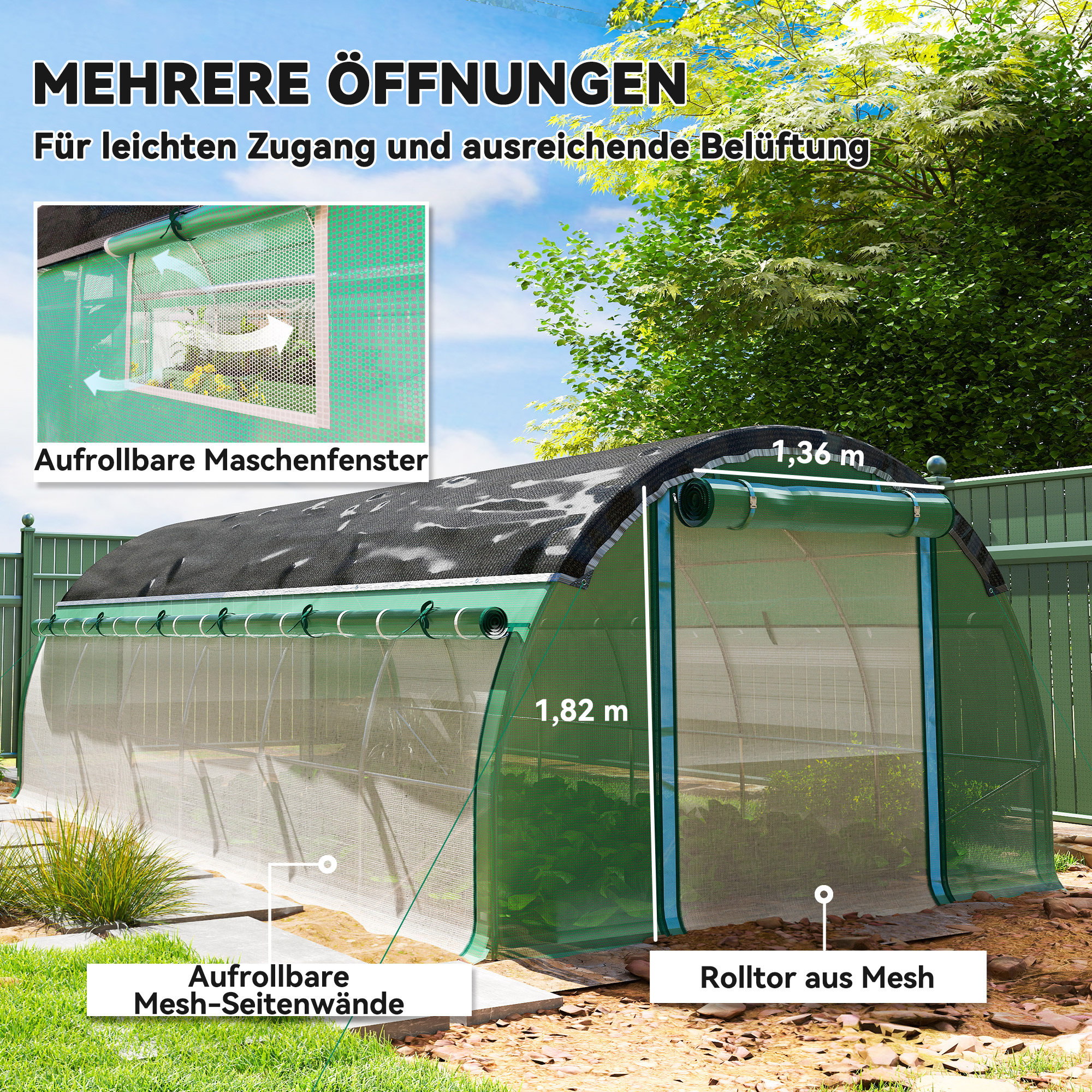 6 x 3 x 2 m Polytunnel-Gewächshaus mit Sonnenschutznetz, rollbaren Seitenwänden, Kunststoff-Abdeckung, Stahlrahmen, Grün