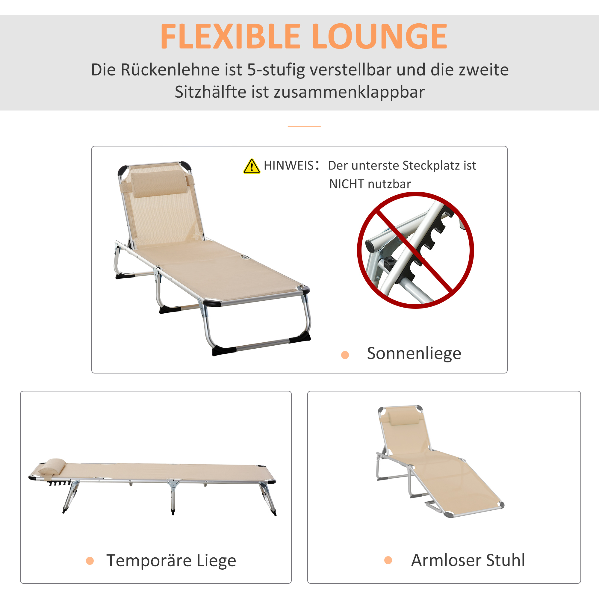 Sonnenliege faltbar Gartenliege mit Kopfkissen ergonomisch Relaxliege mit 4-stufig verstellbaren Rückenlehne Alu bis 120 kg belastbar für Garten, Terrasse, Pool, , Strand,Beige