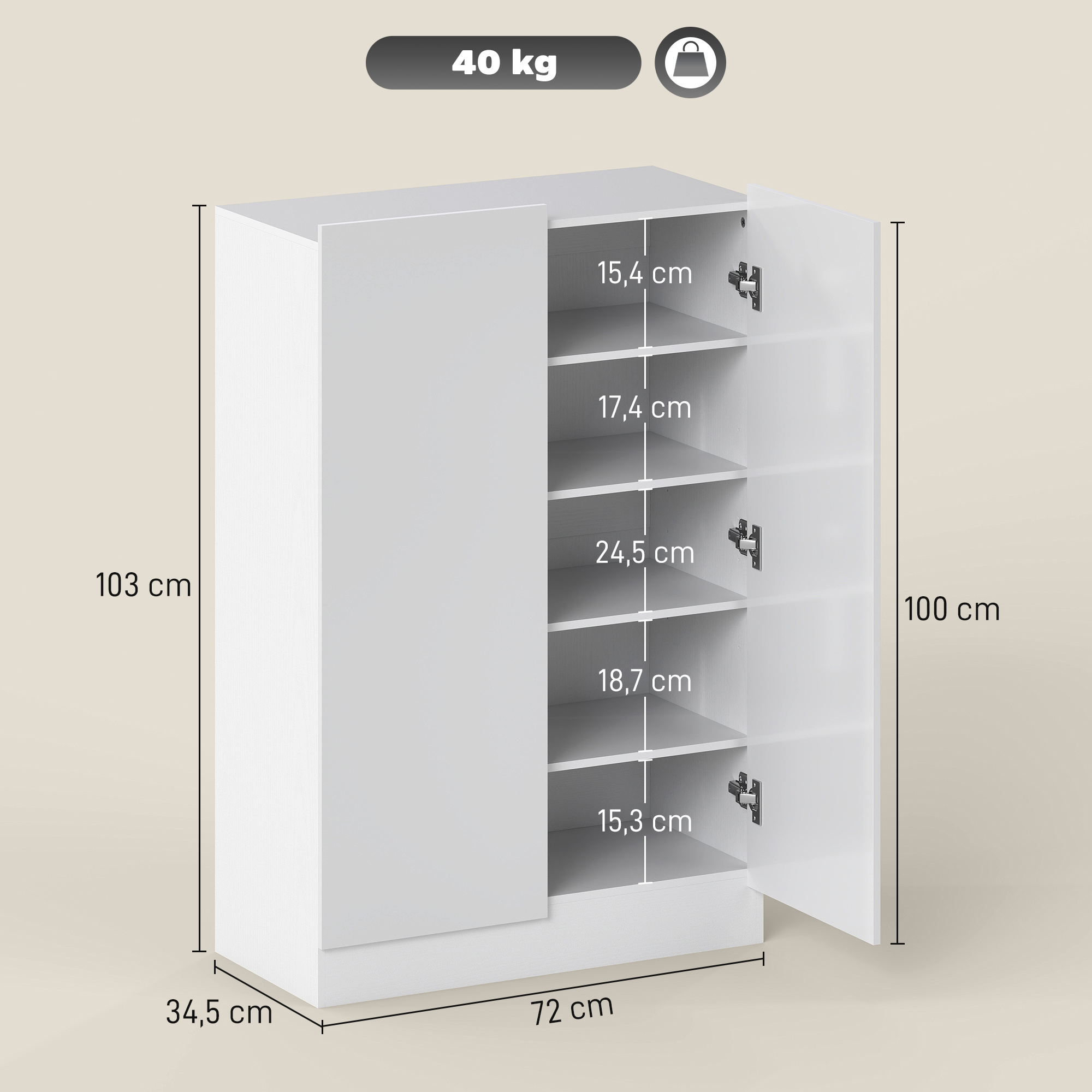 5-stufiger Schuhschrank für 20 Paar Schuhe, verstellbare Regale, für Eingangsbereich, Flur, Holz, Weiß