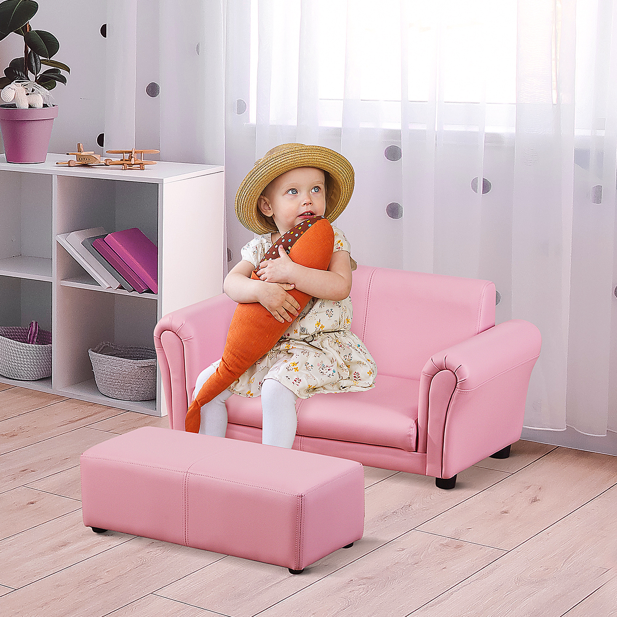 Kindersessel mit Fußhocker, Kindercouch mit Hocker, Kindersofa, Sofa Sessel, Rosa 83 x 42 x 41 cm