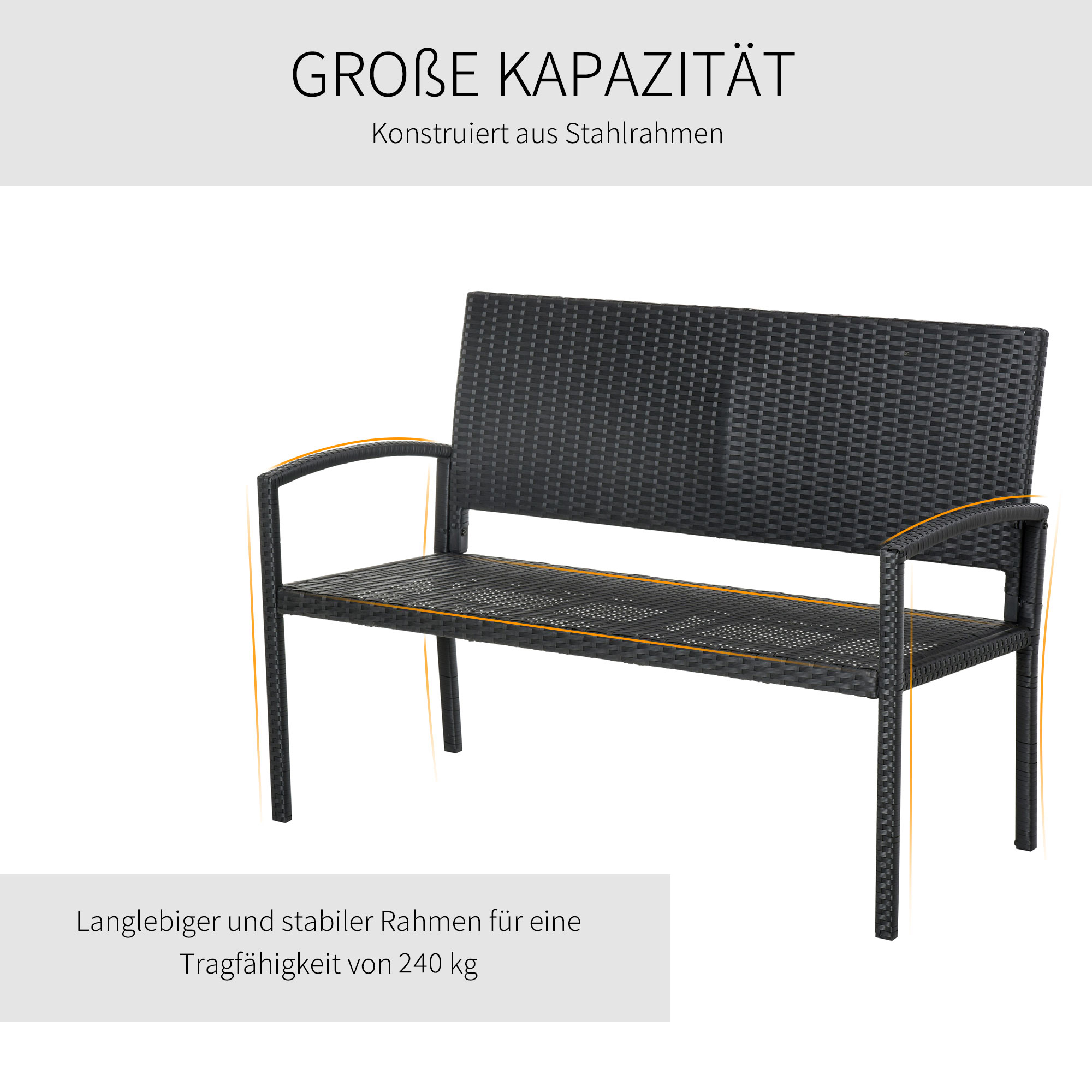 Gartenbank, in Rattanoptik, mit Stahlrahmen, für 2 Personen, Schwarz, 122 x 60 x 85cm