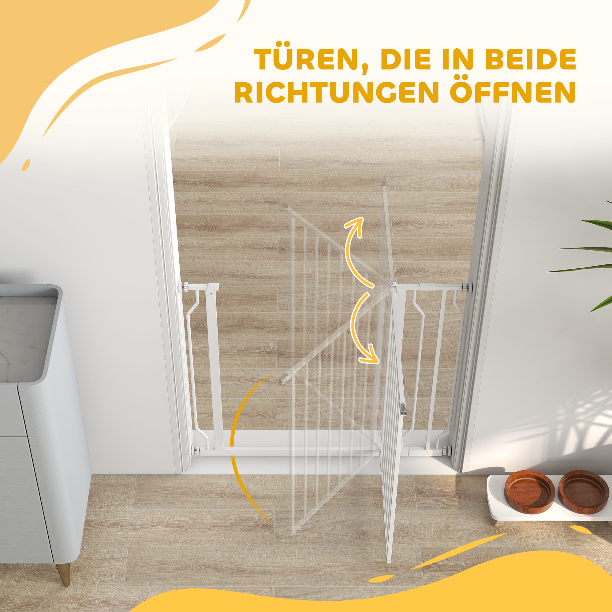 Hundeschutzgitter, Absperrgitter, Zwei-Wege-Öffnung, Wandhalterung mit Druckknöpfen, verstellbar von 75 cm bis 95 cm, Weiß