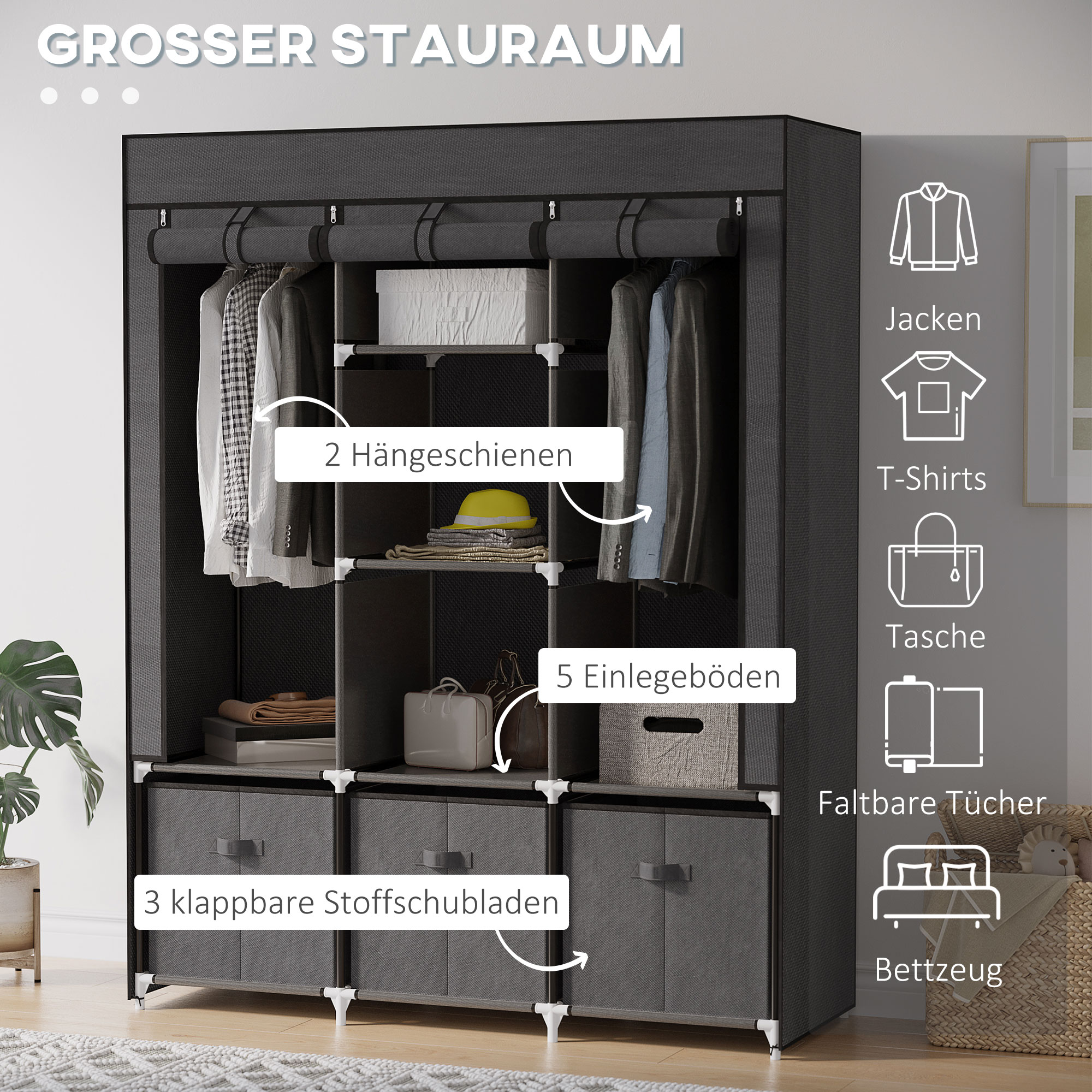 Stoffschrank aus Vlies, Faltschrank, inkl, 3 Schubladen, 125 cm x 43 cm x 162,5 cm, Grau