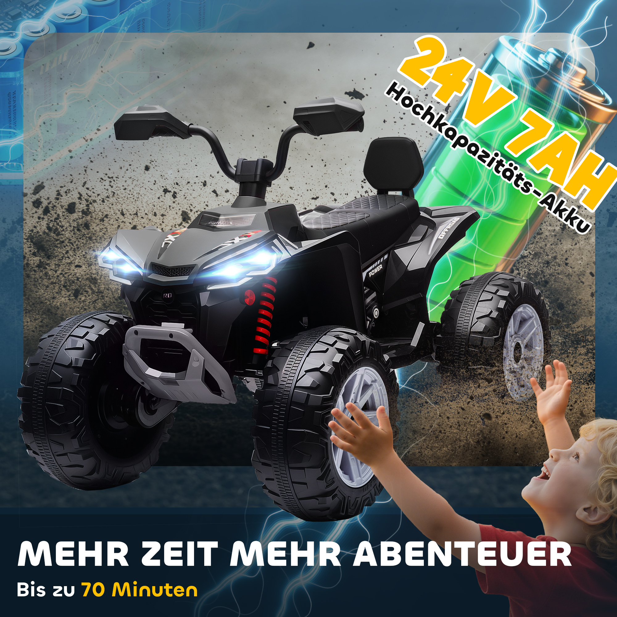 Kinder-Elektro-Quad, 24V Elektro-Fahrzeug mit 4 Rädern, Scheinwerfer, USB-Anschluss, MP3-Funktion, 6,5 km/h, 3-8 Jahre