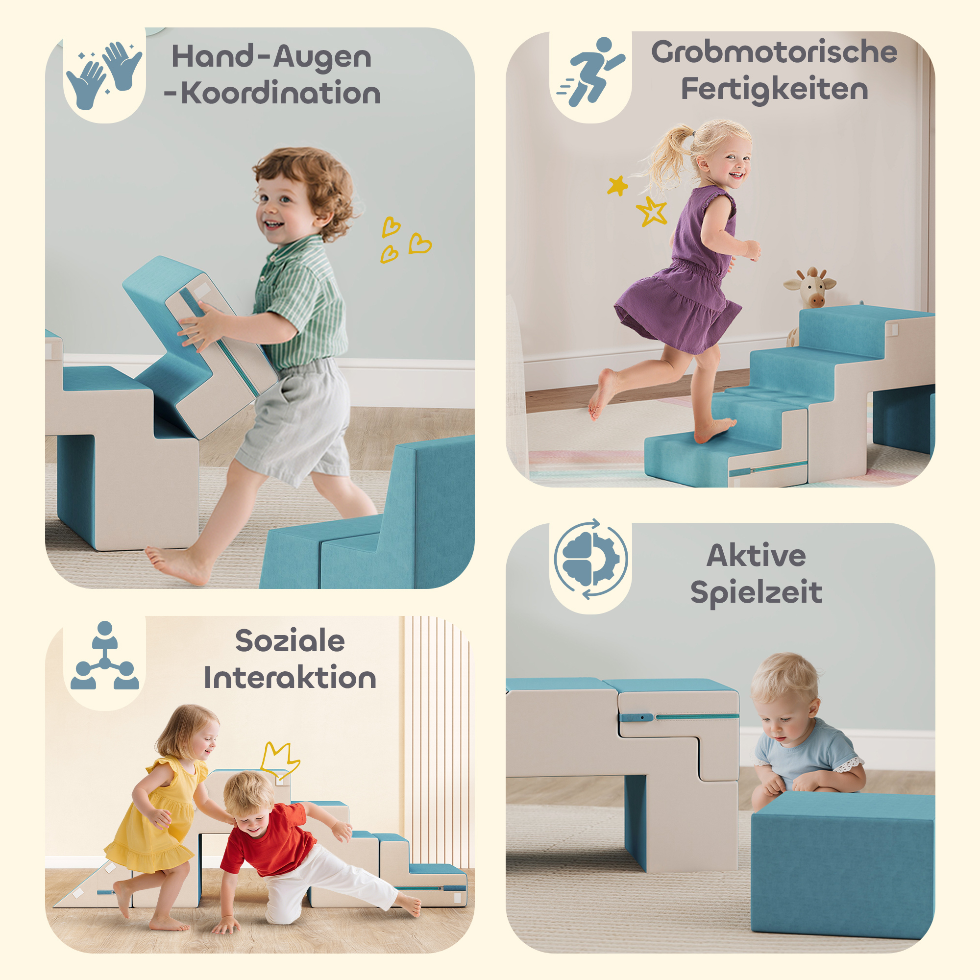 2-teiliges weiches Spielblöcke-Set für Kleinkinder, Kunstleder, Schaumstoff, zum Klettern, Bauen, Spielen, Beige+Blau