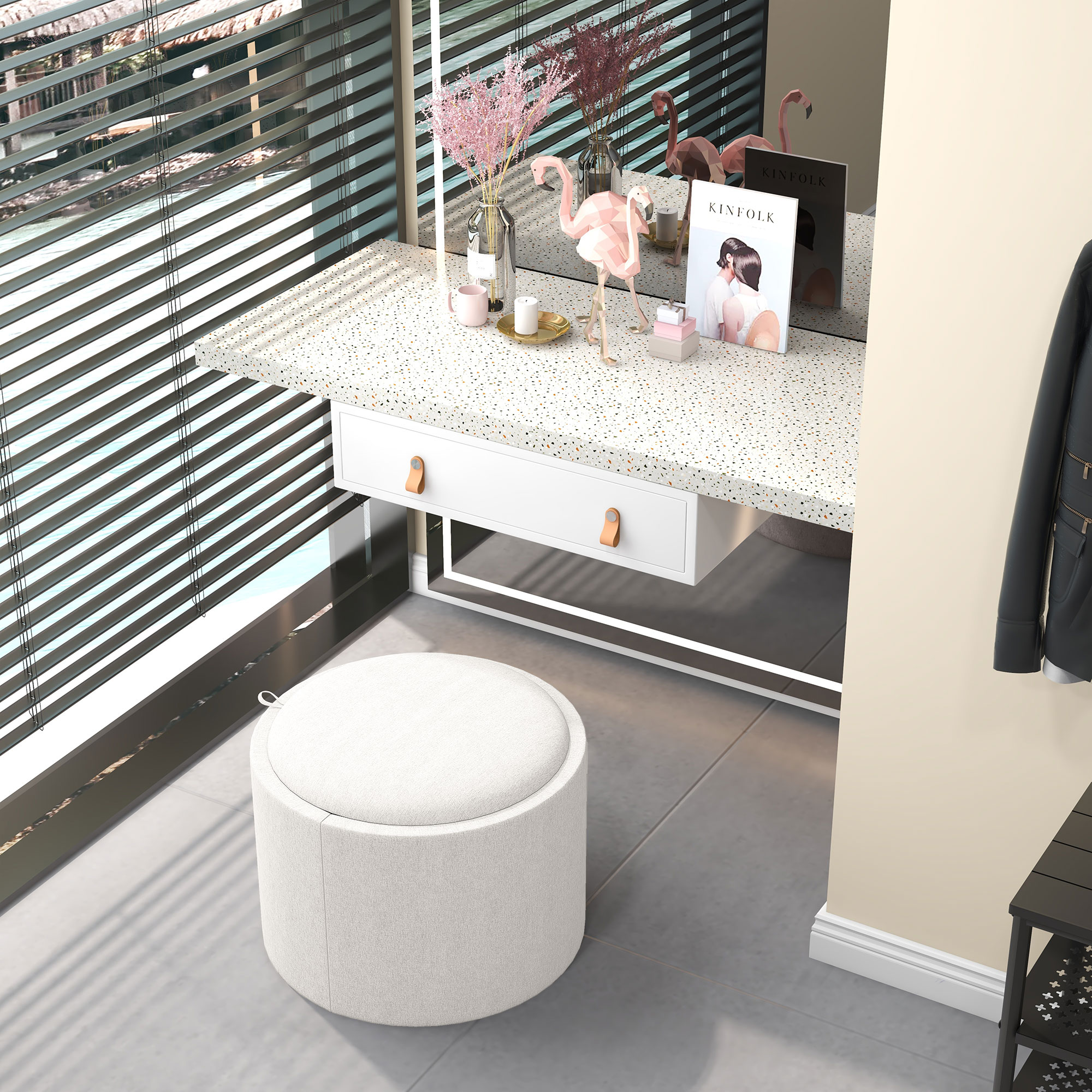 Hocker Polsterhocker, Leinen, versteckter Stauraum, umkehrbarer Deckel, 5 6cm x 56 cm x 42 cm, Creme + Natur