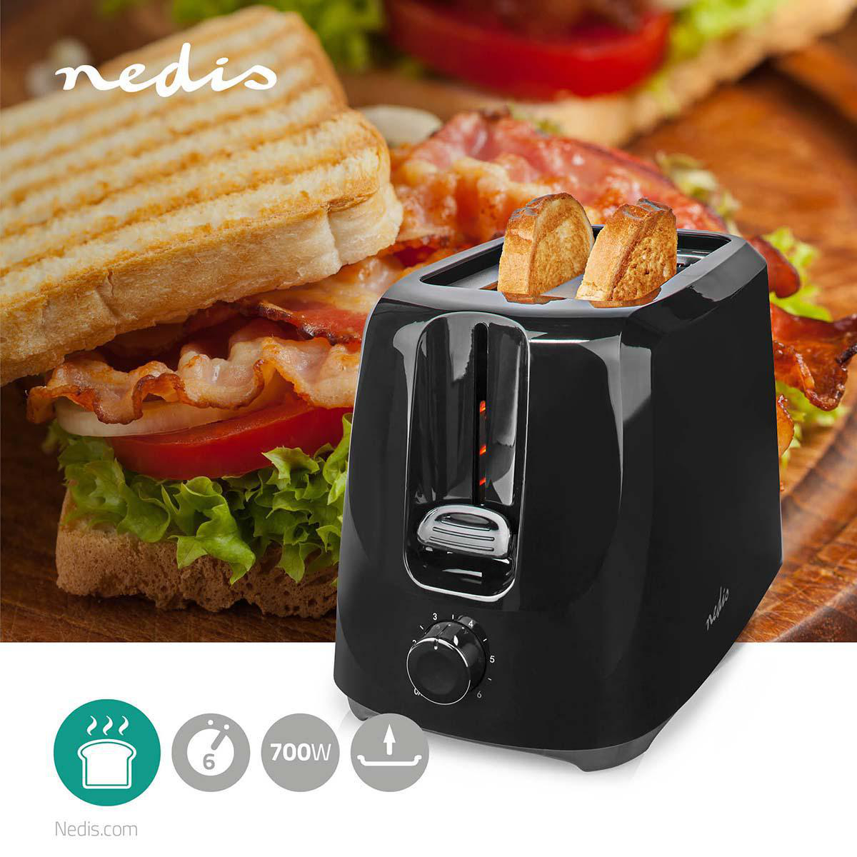 Toaster | 2 Brotscheiben | 2 Steckplätze | Bräunungsstufen: 6 | schwarz