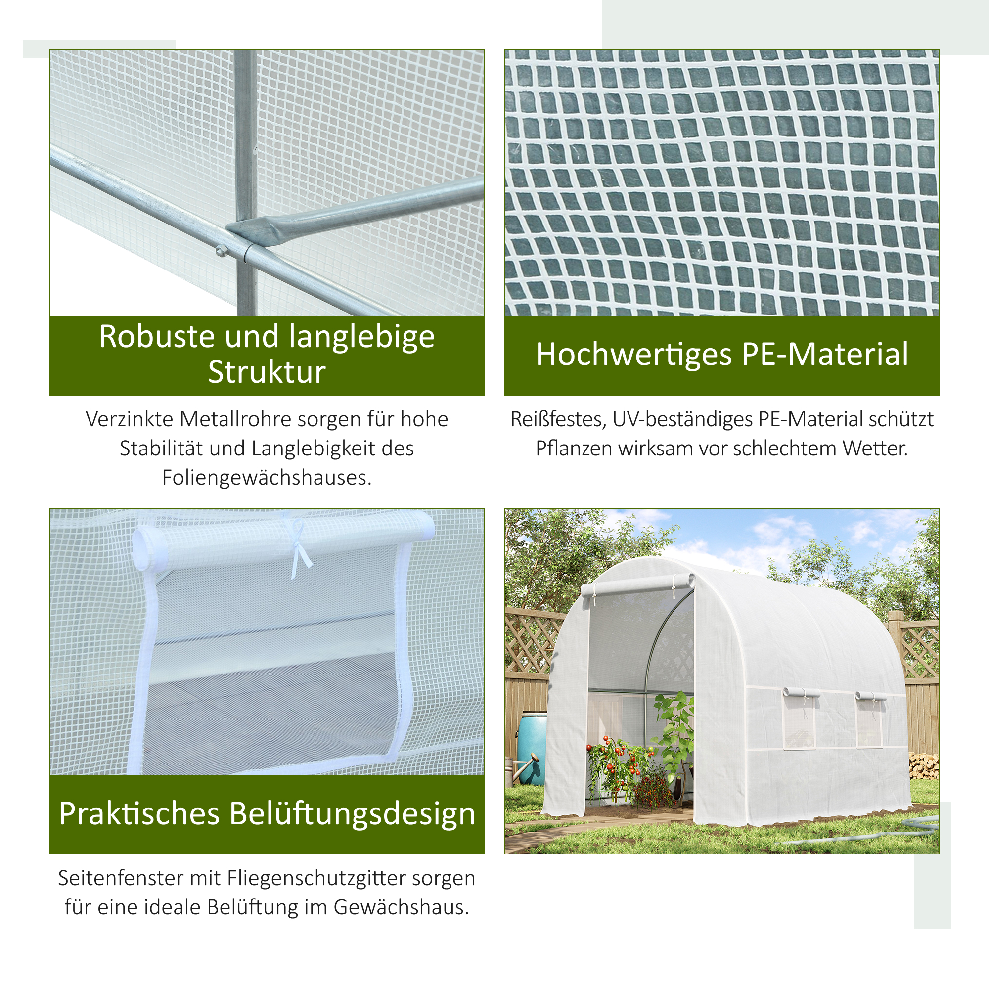 Gewächshaus 245x200x200cm Foliengewächshaus Tomatenhaus mit Tür, Fenster, Folientunnel aus verzinktem Stahl, Pflanztunnel, Treibhaus inkl. Erdanker Seilen, Gartentunnel, Weiß