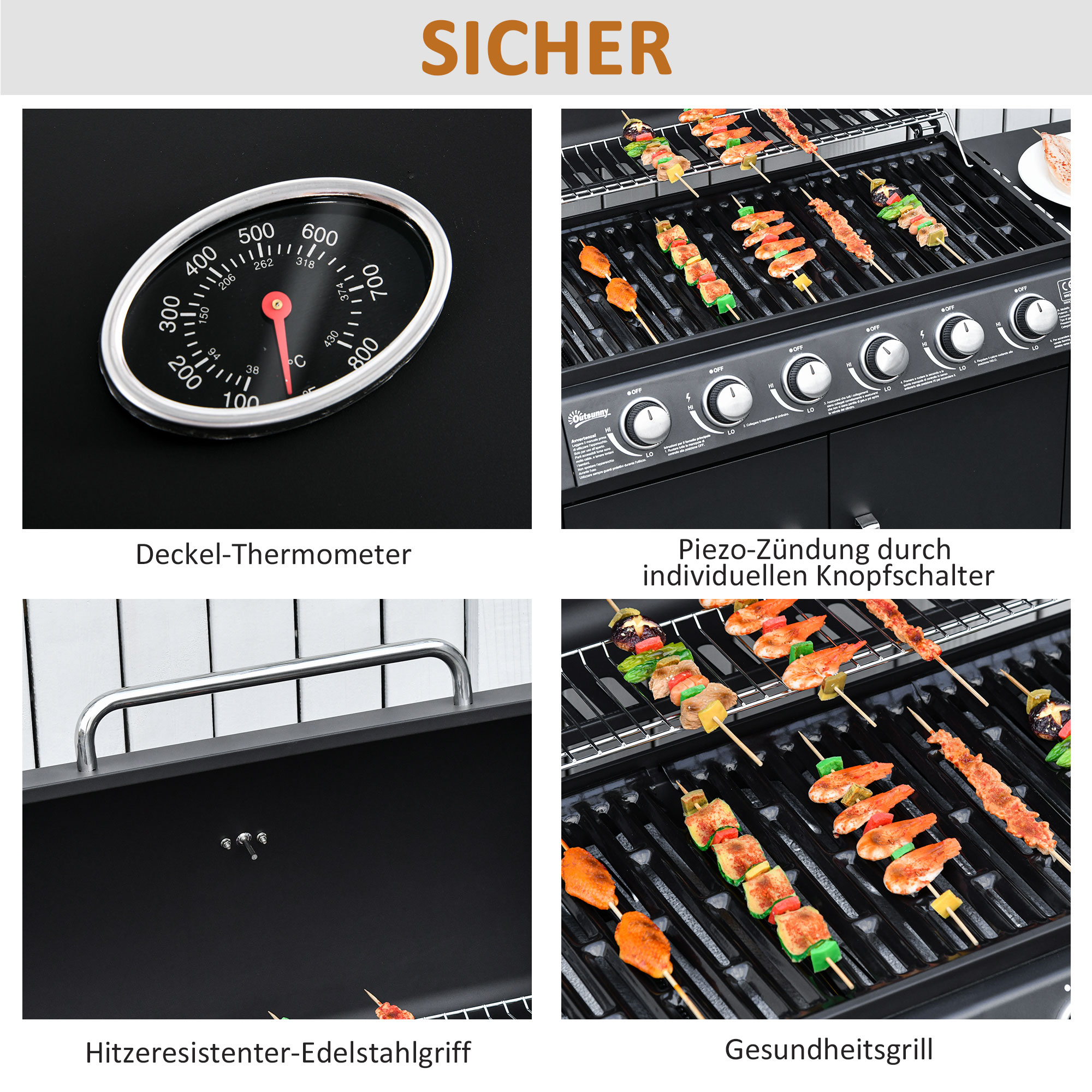 Gasgrill mit 7 Brennern, inkl, Thermometer,  BBQ -Grill, mobiler Grill, Schwarz