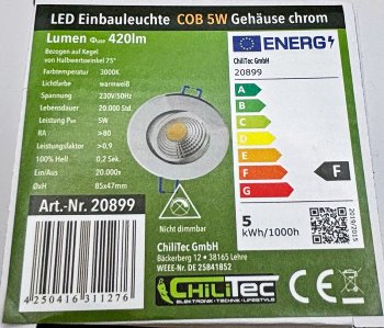 LED-Einbauleuchte "COB-5", 5W, 420lm, ALU, 3000K, 75°, Ø85xT47mm, Rahmen chrom