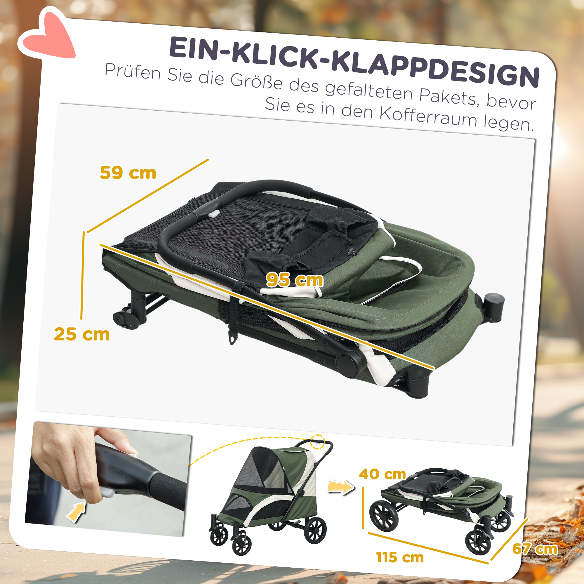 Hundewagen, Faltbarer Hundebuggy für große Hunde, Haustierwagen mit 4 Rädern, Sicherheitsleinen, Bremsen, Dunkelgrün