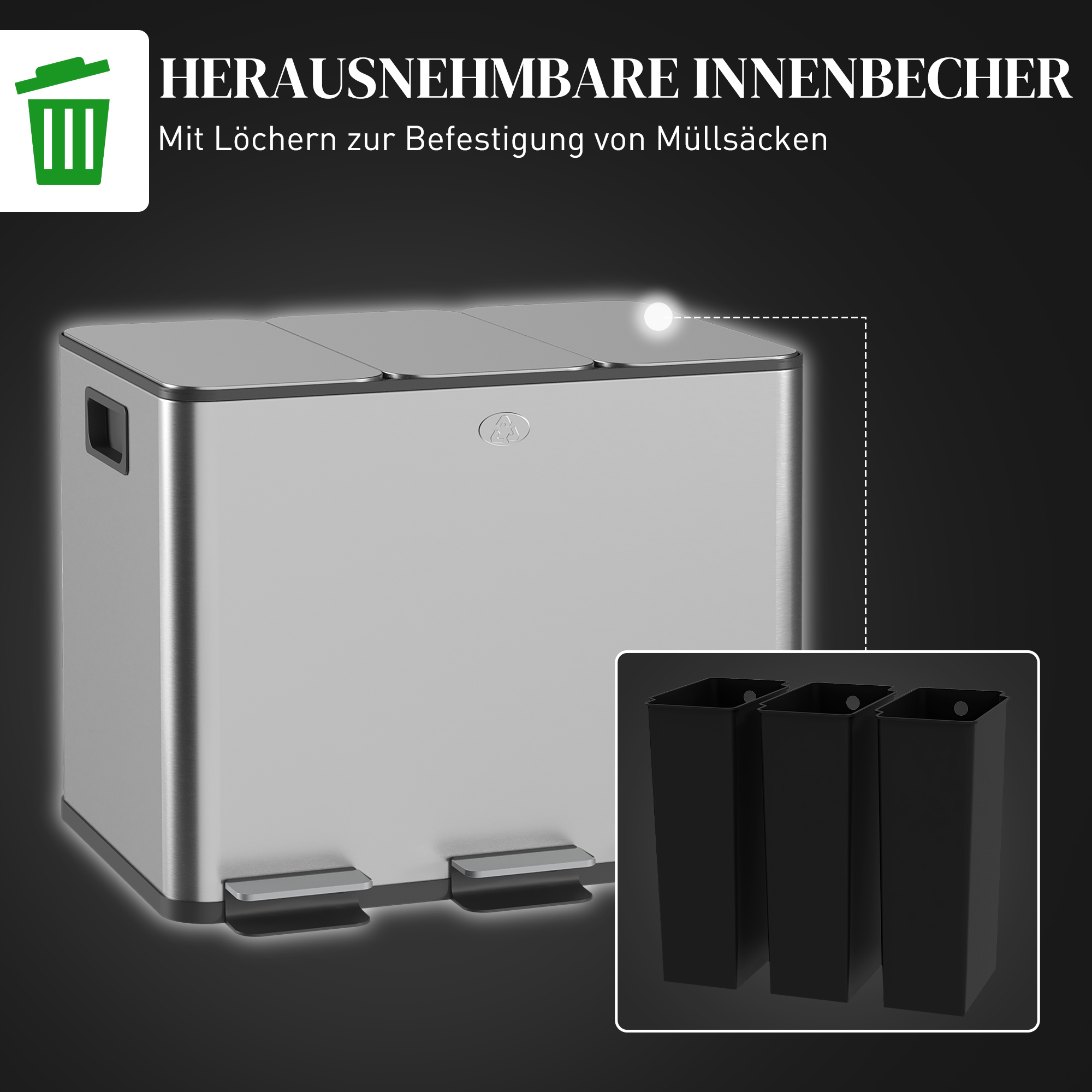 Mülleimer mit 3 x 20 L Fächern, Deodorant-Deckel, fingerabdrucksicher, Soft-Close, herausnehmbar, Silber